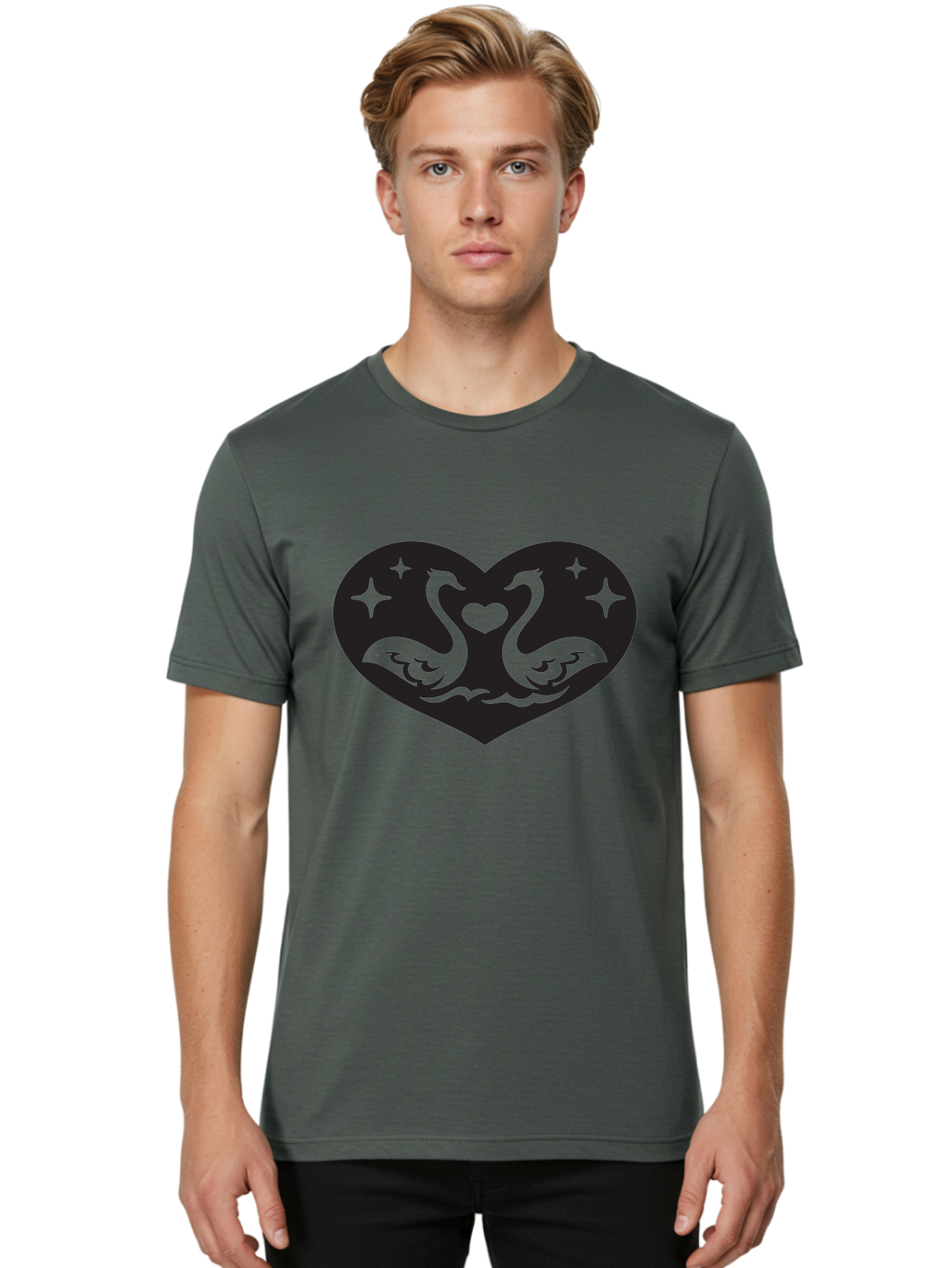 Swans-And-Heart Men'S Graphic Tee, 100% Cotton, Comfortable Casual Summer Wear, Machine Washable, Two Swans Forming A Heart Shape, Love Symbol, Swan Illustration, Heart-Shaped Graphic, Romantic Emblem, Starry Design, Whimsical Art, Love Art, Aab298 14