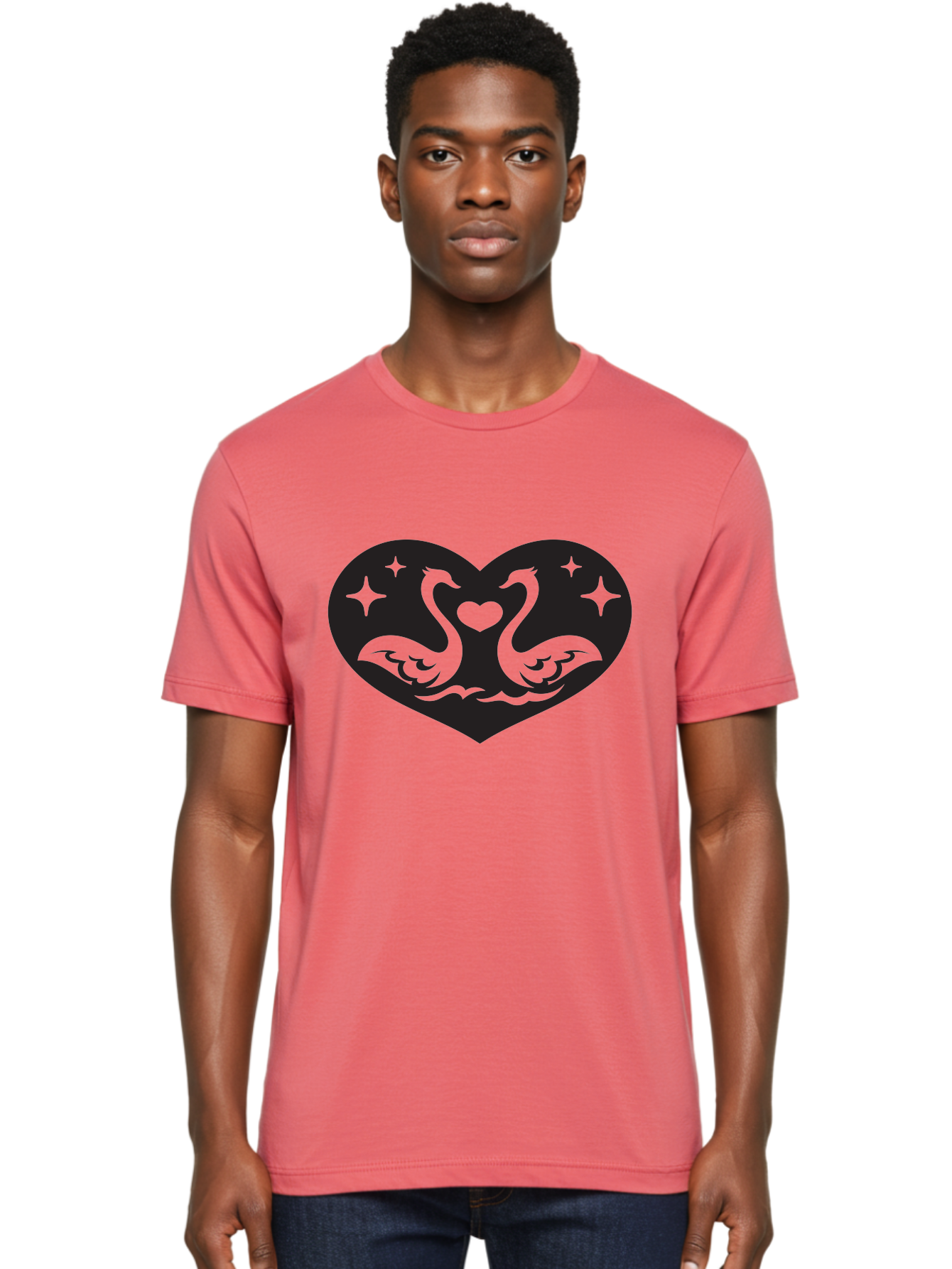 Swans-And-Heart Men'S Graphic Tee, 100% Cotton, Comfortable Casual Summer Wear, Machine Washable, Two Swans Forming A Heart Shape, Love Symbol, Swan Illustration, Heart-Shaped Graphic, Romantic Emblem, Starry Design, Whimsical Art, Love Art, Aab298 22