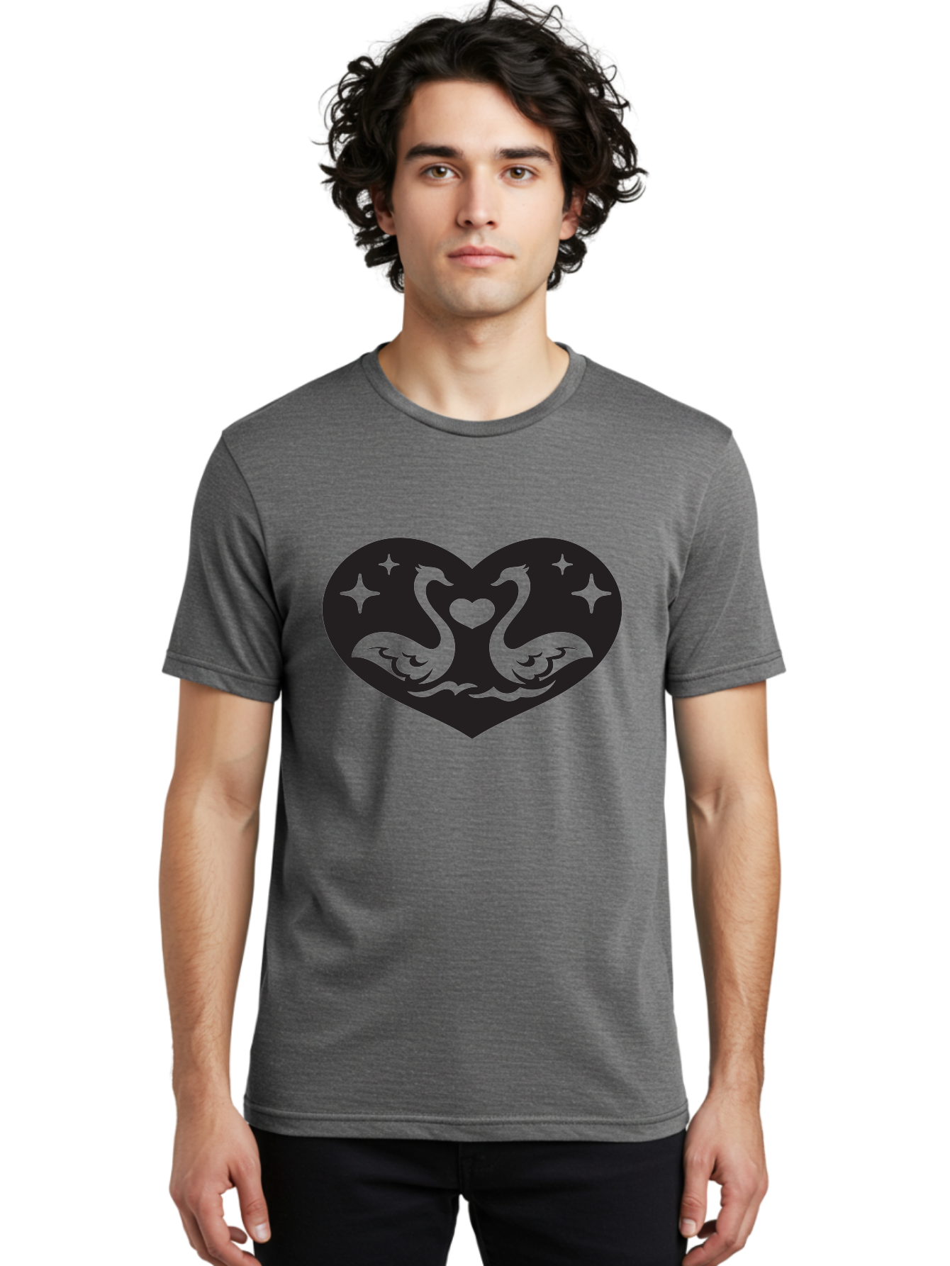 Swans-And-Heart Men'S Graphic Tee, 100% Cotton, Comfortable Casual Summer Wear, Machine Washable, Two Swans Forming A Heart Shape, Love Symbol, Swan Illustration, Heart-Shaped Graphic, Romantic Emblem, Starry Design, Whimsical Art, Love Art, Aab298 26