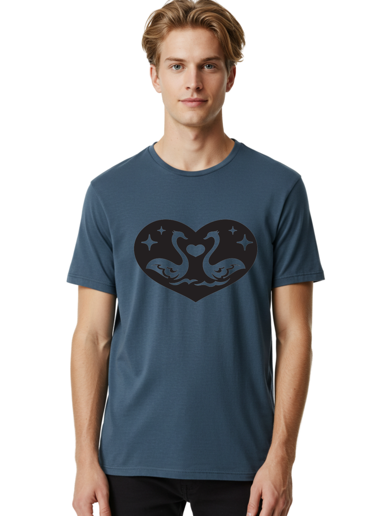 Swans-And-Heart Men'S Graphic Tee, 100% Cotton, Comfortable Casual Summer Wear, Machine Washable, Two Swans Forming A Heart Shape, Love Symbol, Swan Illustration, Heart-Shaped Graphic, Romantic Emblem, Starry Design, Whimsical Art, Love Art, Aab298 10
