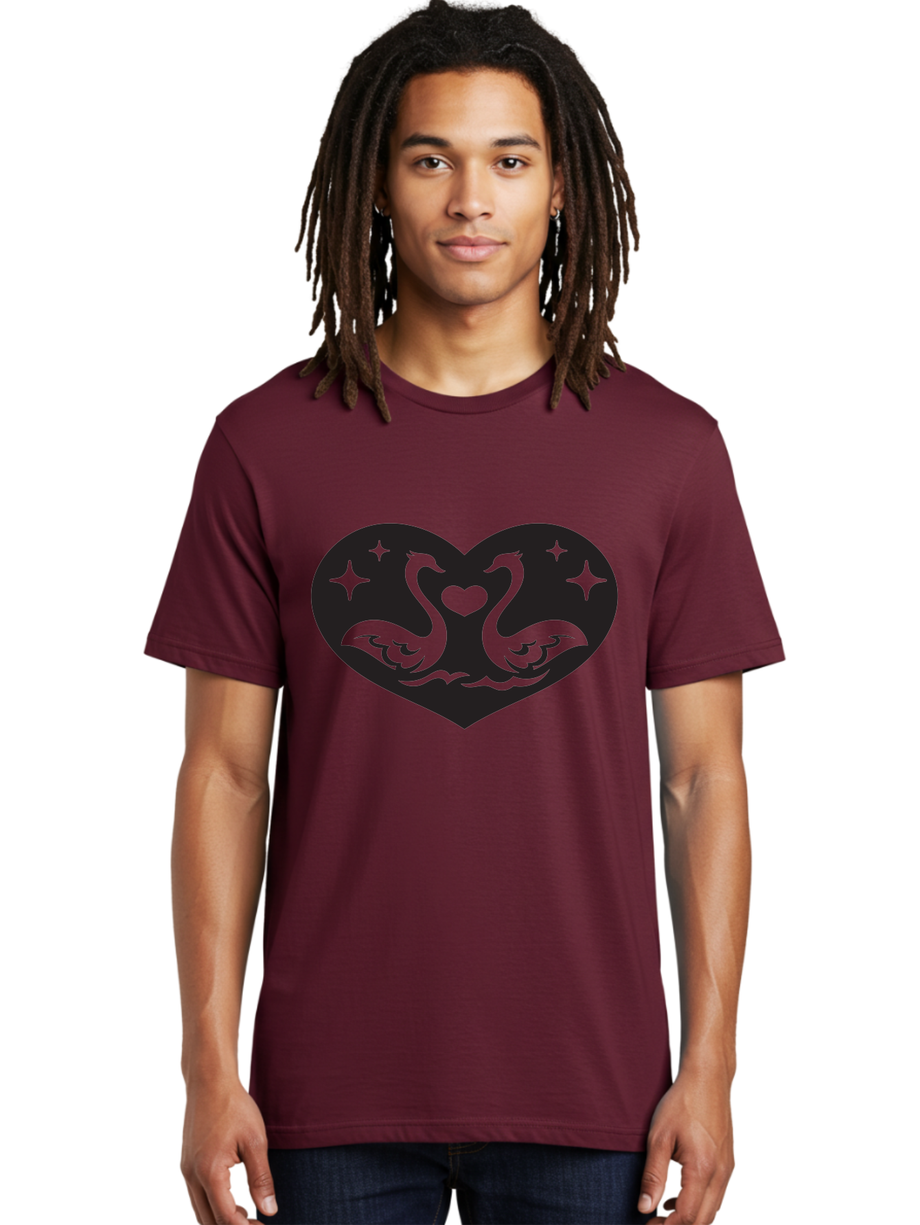 Swans-And-Heart Men'S Graphic Tee, 100% Cotton, Comfortable Casual Summer Wear, Machine Washable, Two Swans Forming A Heart Shape, Love Symbol, Swan Illustration, Heart-Shaped Graphic, Romantic Emblem, Starry Design, Whimsical Art, Love Art, Aab298 28