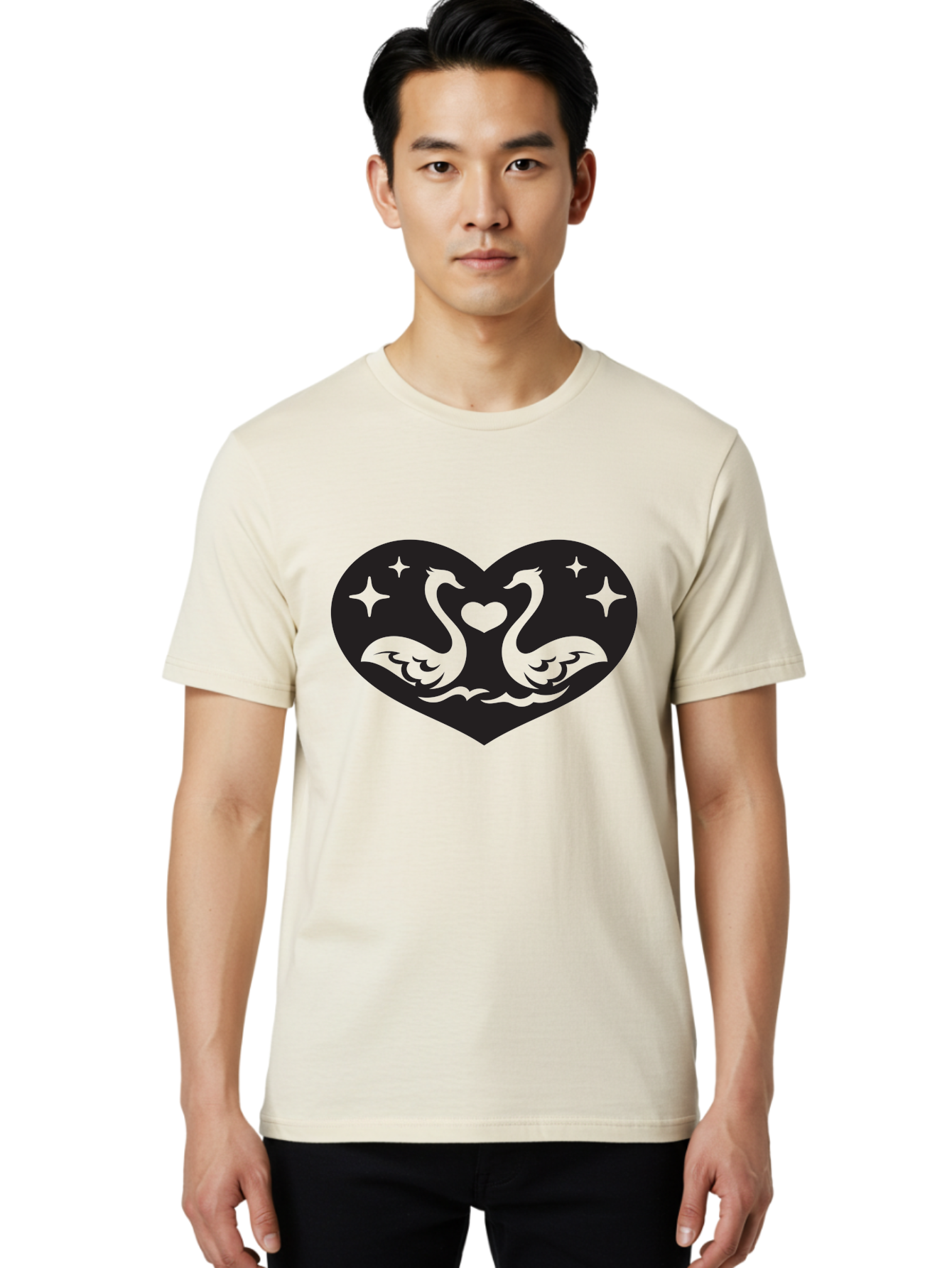 Swans-And-Heart Men'S Graphic Tee, 100% Cotton, Comfortable Casual Summer Wear, Machine Washable, Two Swans Forming A Heart Shape, Love Symbol, Swan Illustration, Heart-Shaped Graphic, Romantic Emblem, Starry Design, Whimsical Art, Love Art, Aab298 12