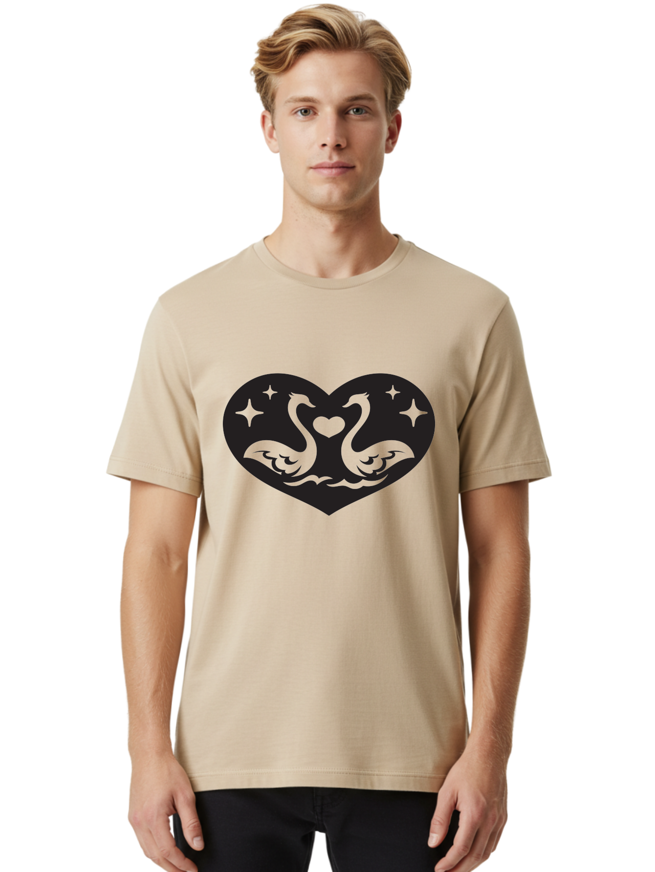 Swans-And-Heart Men'S Graphic Tee, 100% Cotton, Comfortable Casual Summer Wear, Machine Washable, Two Swans Forming A Heart Shape, Love Symbol, Swan Illustration, Heart-Shaped Graphic, Romantic Emblem, Starry Design, Whimsical Art, Love Art, Aab298 30