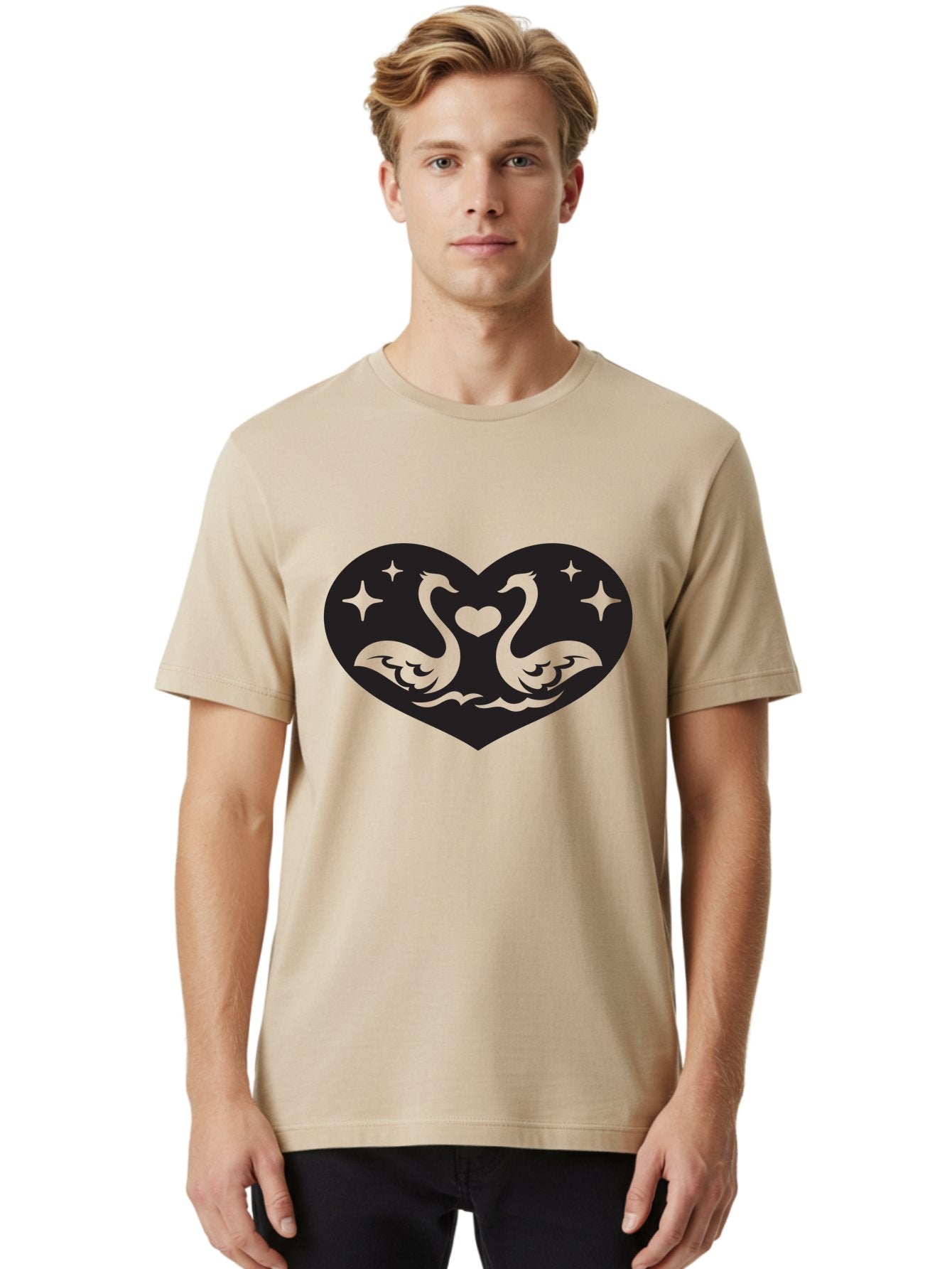 Swans-And-Heart Men'S Graphic Tee, 100% Cotton, Comfortable Casual Summer Wear, Machine Washable, Two Swans Forming A Heart Shape, Love Symbol, Swan Illustration, Heart-Shaped Graphic, Romantic Emblem, Starry Design, Whimsical Art, Love Art, Aab298 20