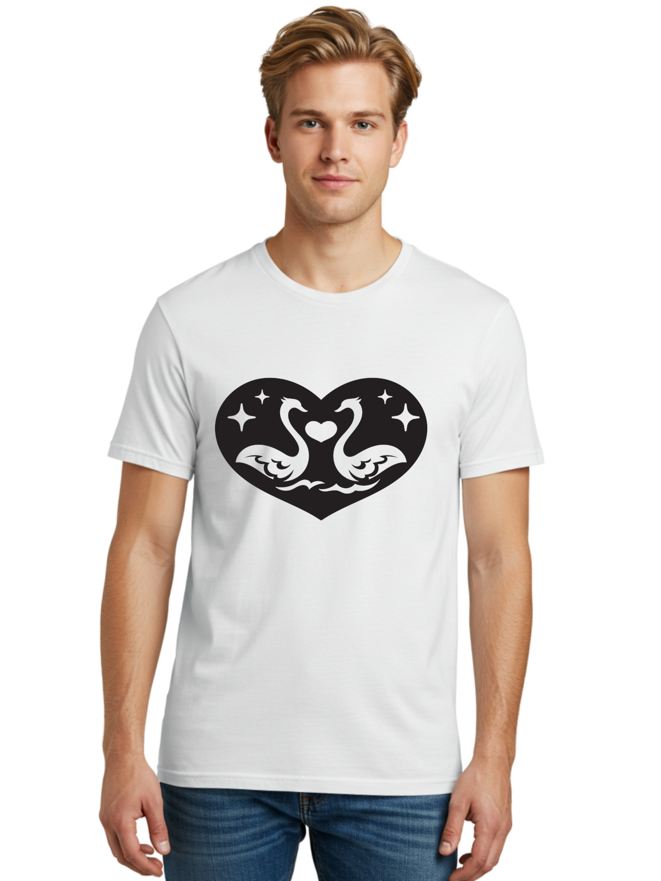 Swans-And-Heart Men'S Graphic Tee, 100% Cotton, Comfortable Casual Summer Wear, Machine Washable, Two Swans Forming A Heart Shape, Love Symbol, Swan Illustration, Heart-Shaped Graphic, Romantic Emblem, Starry Design, Whimsical Art, Love Art, Aab298 18