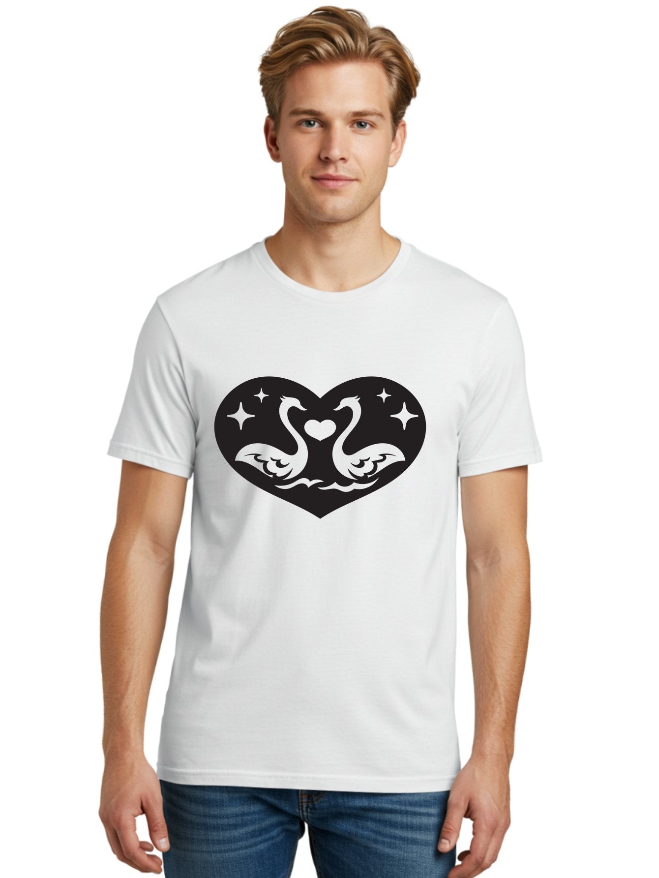 Swans-And-Heart Men'S Graphic Tee, 100% Cotton, Comfortable Casual Summer Wear, Machine Washable, Two Swans Forming A Heart Shape, Love Symbol, Swan Illustration, Heart-Shaped Graphic, Romantic Emblem, Starry Design, Whimsical Art, Love Art, Aab298 22