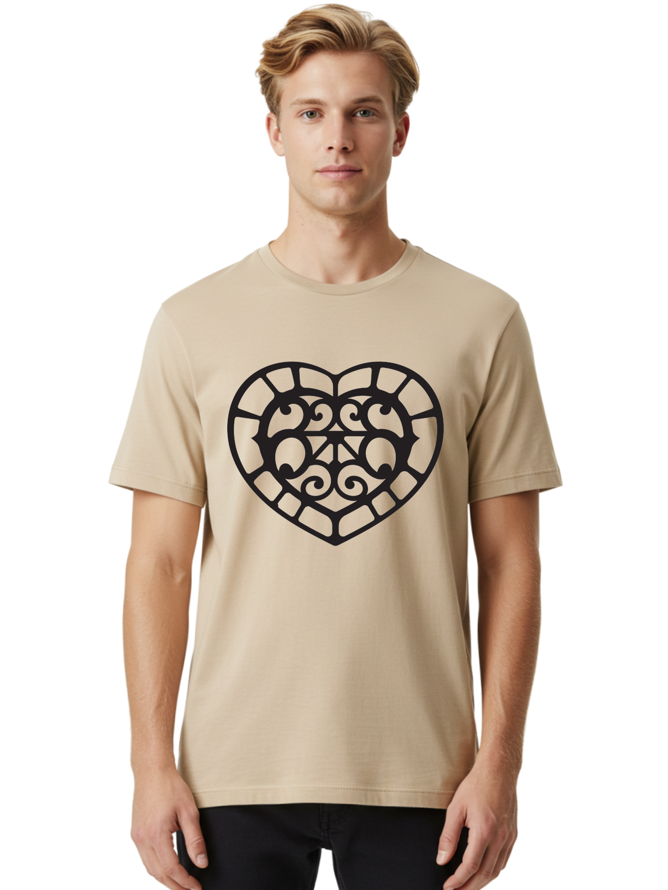 Tricolor-Heart Men'S Graphic Tee, 100% Cotton, Comfortable Casual Summer Wear, Machine Washable, Stained Glass Heart, Decorative Heart, Intricate Design, Swirling Patterns, Heart Shape, Love Symbol, Ornate Details, Glass Art, Heart Icon Aab301 10