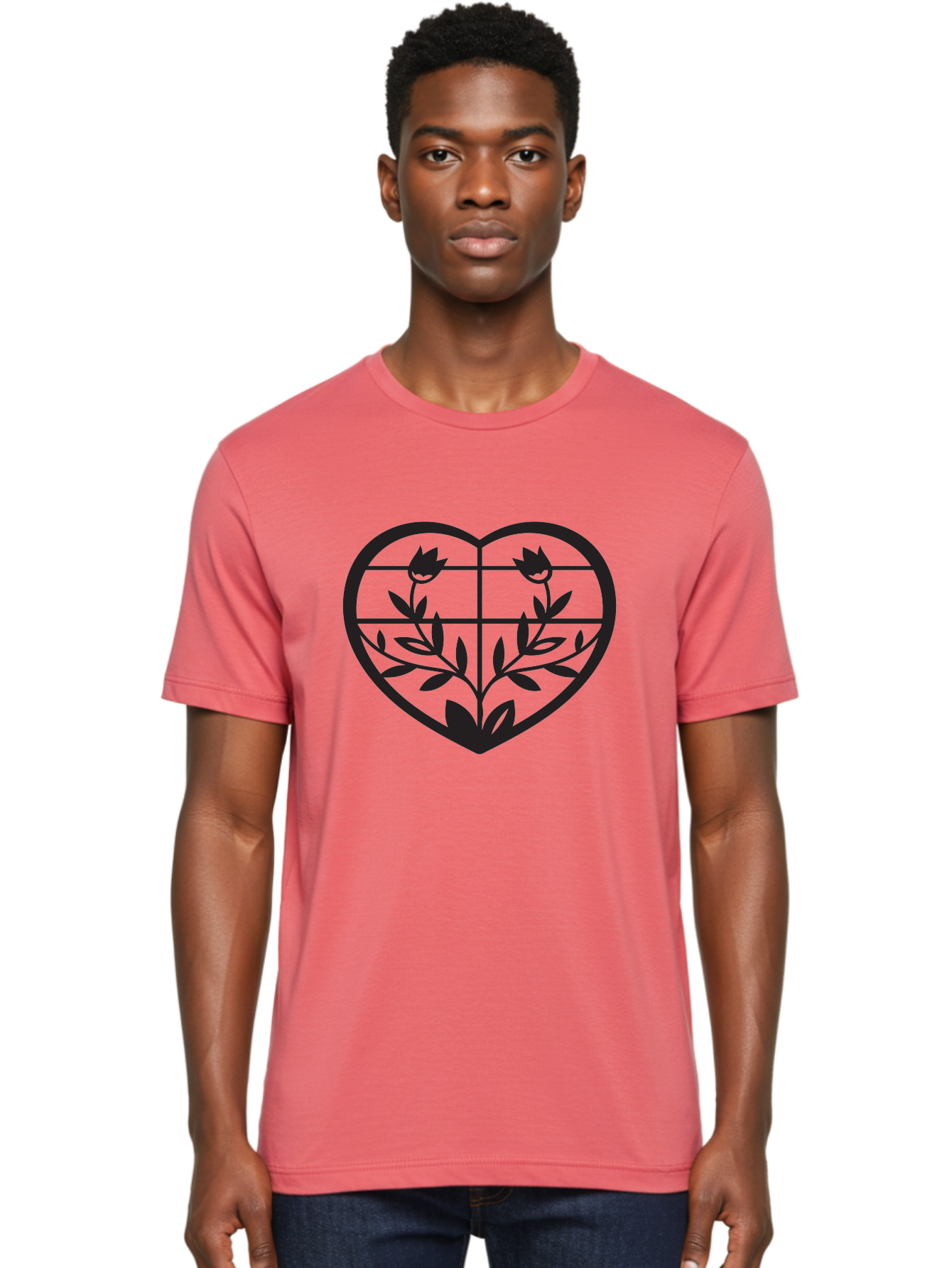 Tulips-Heart Men'S Graphic Tee, 100% Cotton, Comfortable Casual Summer Wear, Machine Washable, Heart Shape, Tulip Flowers, Leafy Stems, Floral Design, Love Symbol, Minimalist Art, Simple Graphics, Grid Pattern, Black Silhouette Aab302 26