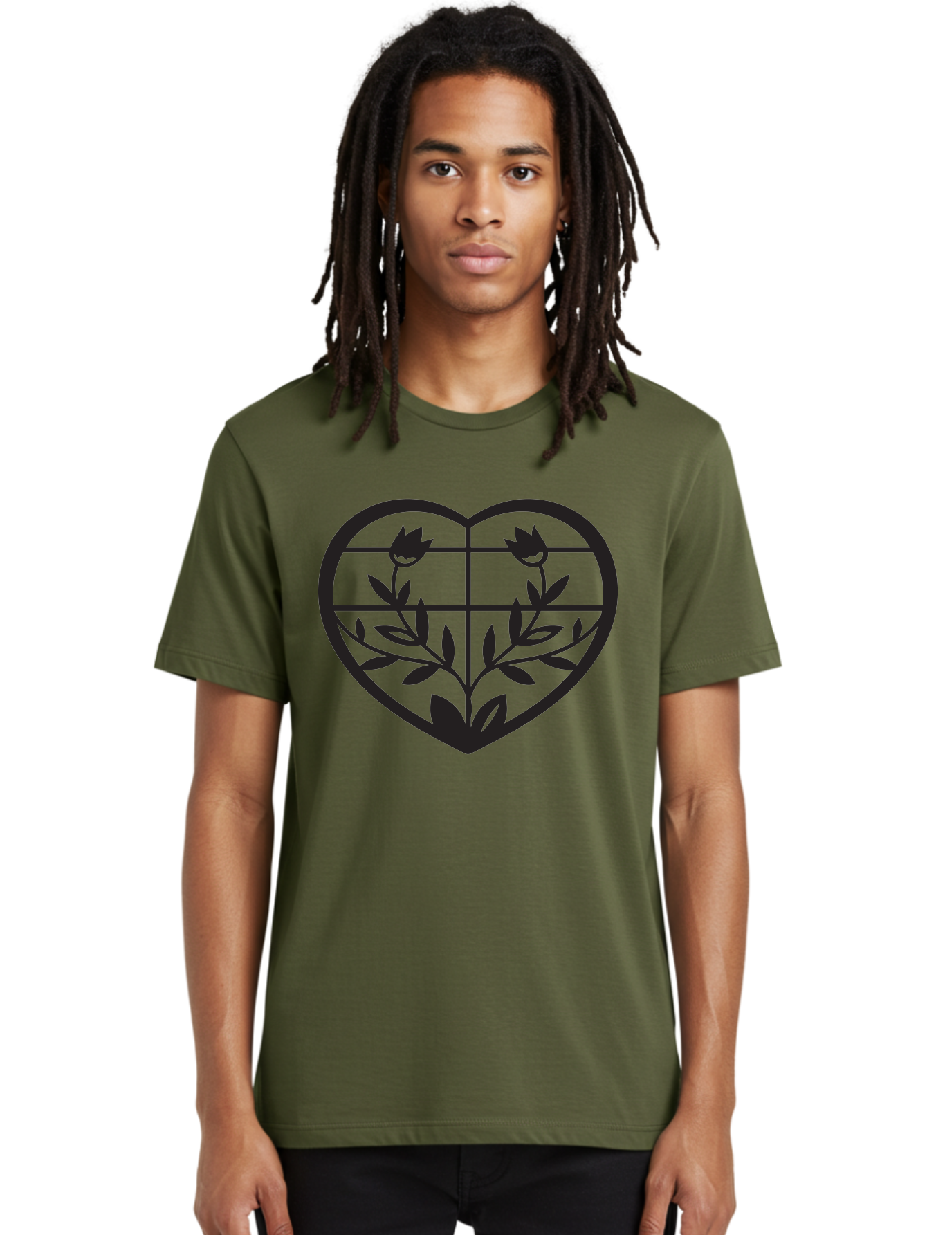 Tulips-Heart Men'S Graphic Tee, 100% Cotton, Comfortable Casual Summer Wear, Machine Washable, Heart Shape, Tulip Flowers, Leafy Stems, Floral Design, Love Symbol, Minimalist Art, Simple Graphics, Grid Pattern, Black Silhouette Aab302 8