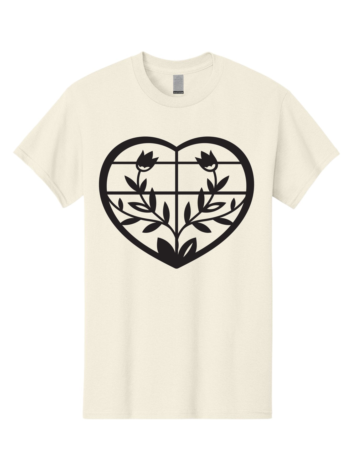 Tulips-Heart Men'S Graphic Tee, 100% Cotton, Comfortable Casual Summer Wear, Machine Washable, Heart Shape, Tulip Flowers, Leafy Stems, Floral Design, Love Symbol, Minimalist Art, Simple Graphics, Grid Pattern, Black Silhouette Aab302