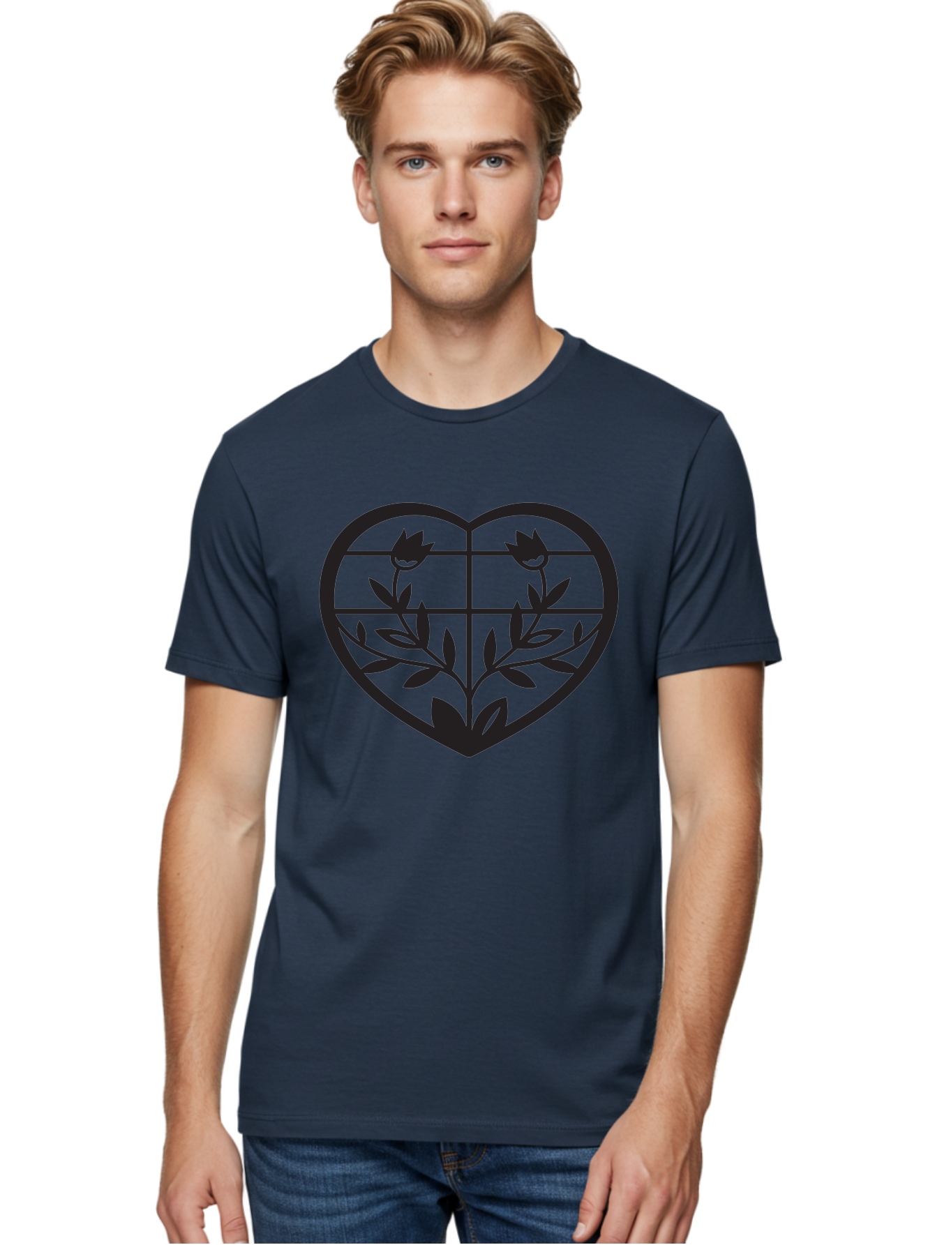 Tulips-Heart Men'S Graphic Tee, 100% Cotton, Comfortable Casual Summer Wear, Machine Washable, Heart Shape, Tulip Flowers, Leafy Stems, Floral Design, Love Symbol, Minimalist Art, Simple Graphics, Grid Pattern, Black Silhouette Aab302 4