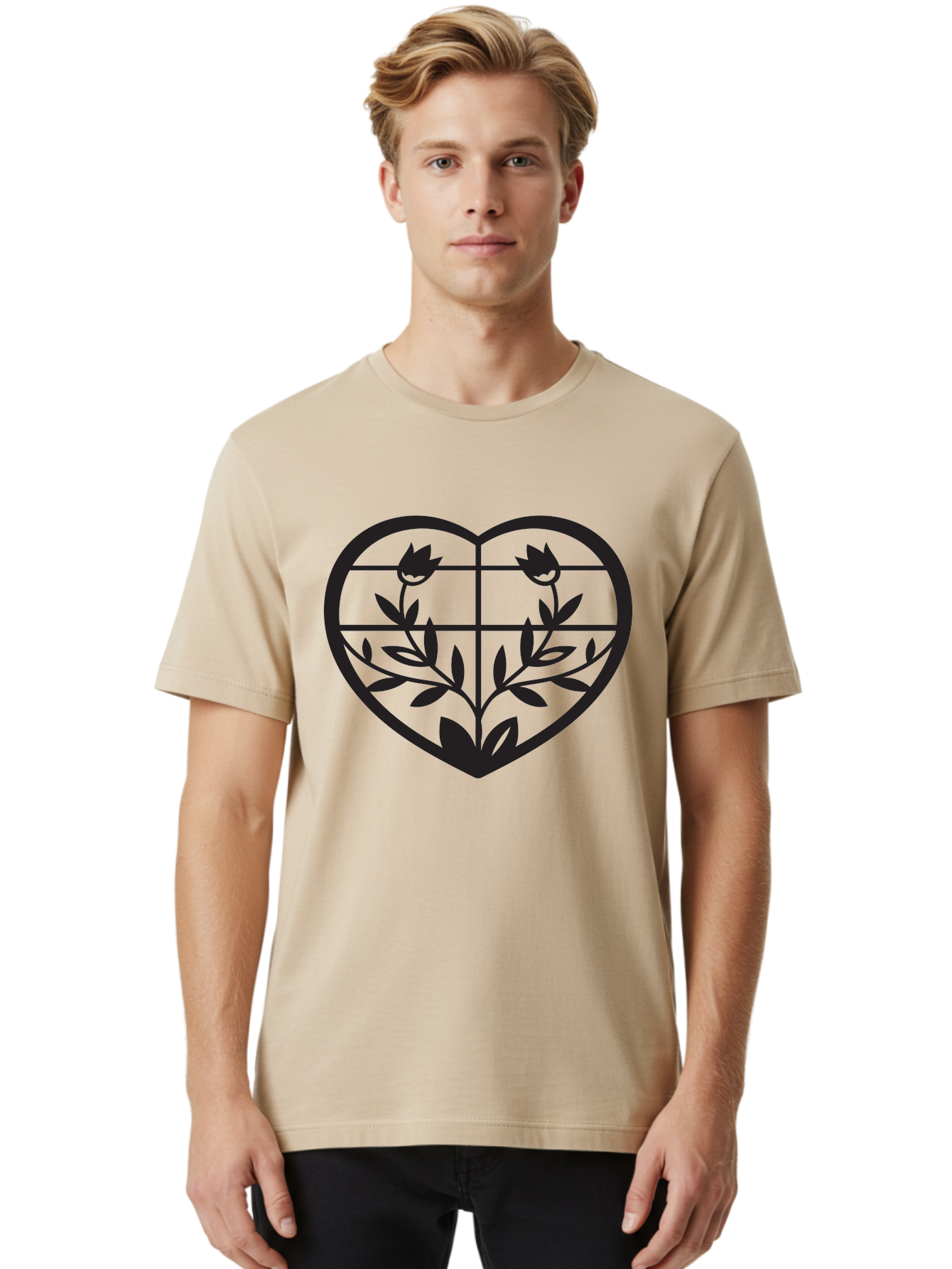 Tulips-Heart Men'S Graphic Tee, 100% Cotton, Comfortable Casual Summer Wear, Machine Washable, Heart Shape, Tulip Flowers, Leafy Stems, Floral Design, Love Symbol, Minimalist Art, Simple Graphics, Grid Pattern, Black Silhouette Aab302 28