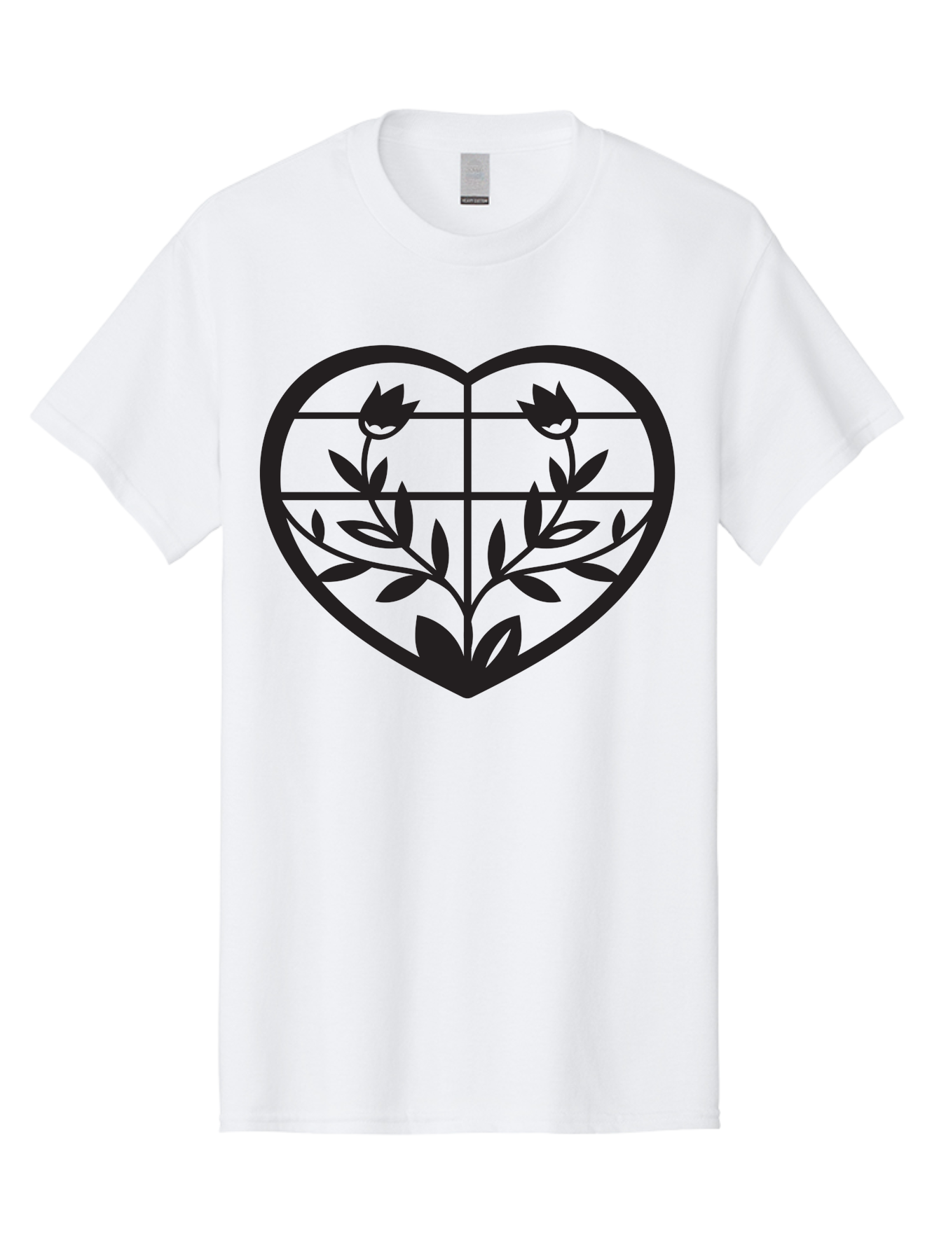 Tulips-Heart Men'S Graphic Tee, 100% Cotton, Comfortable Casual Summer Wear, Machine Washable, Heart Shape, Tulip Flowers, Leafy Stems, Floral Design, Love Symbol, Minimalist Art, Simple Graphics, Grid Pattern, Black Silhouette Aab302