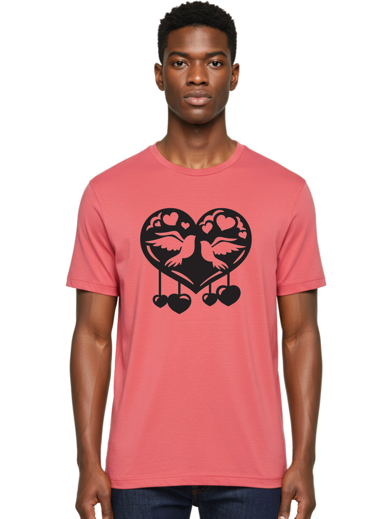 Two-Birds-Heart Men'S Graphic Tee, 100% Cotton, Comfortable Casual Summer Wear, Machine Washable, Love Birds, Couple Love, Heart Shape, Birds Flying, Hearts Hanging, Love Symbol, Valentines Day, Heart Decorations, Symbolic Love, Aab303 22