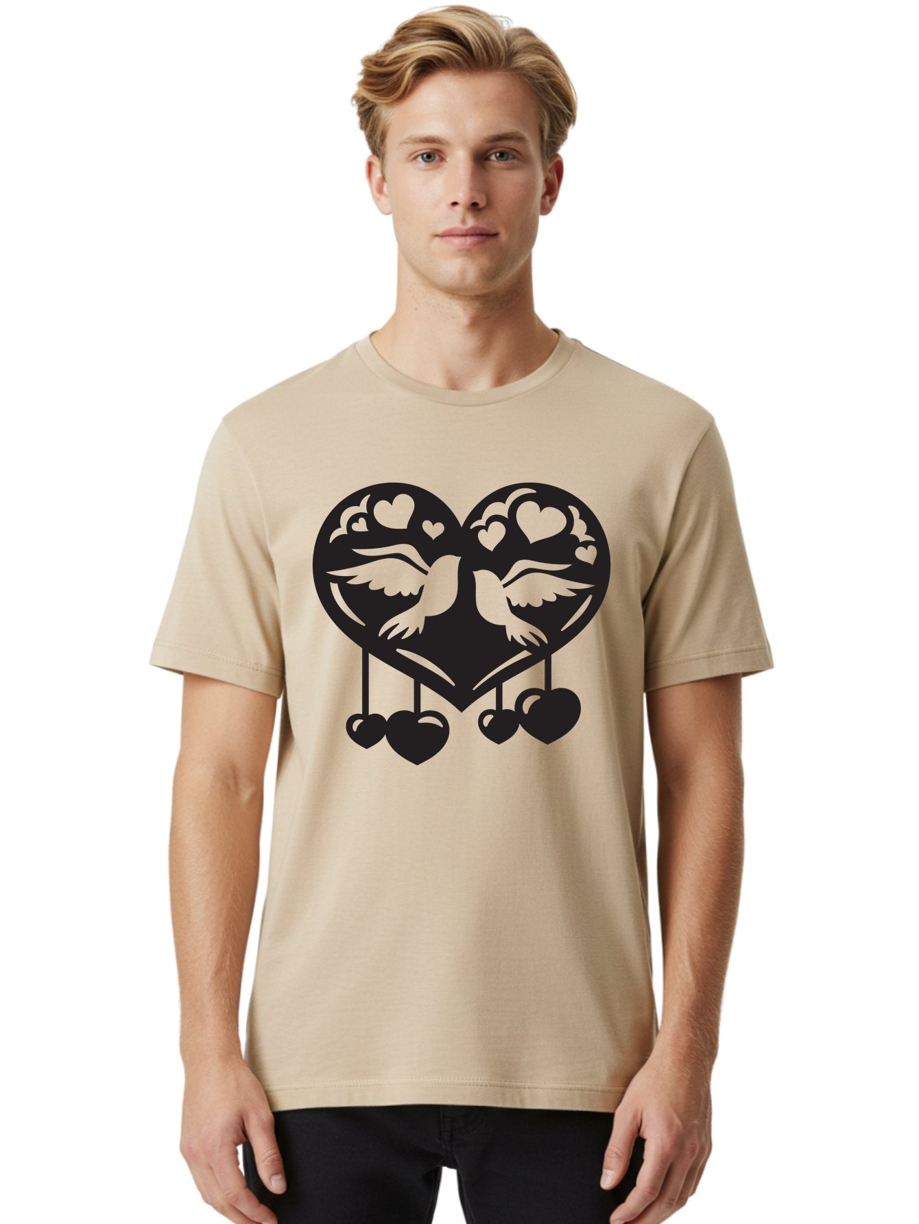 Two-Birds-Heart Men'S Graphic Tee, 100% Cotton, Comfortable Casual Summer Wear, Machine Washable, Love Birds, Couple Love, Heart Shape, Birds Flying, Hearts Hanging, Love Symbol, Valentines Day, Heart Decorations, Symbolic Love, Aab303 28