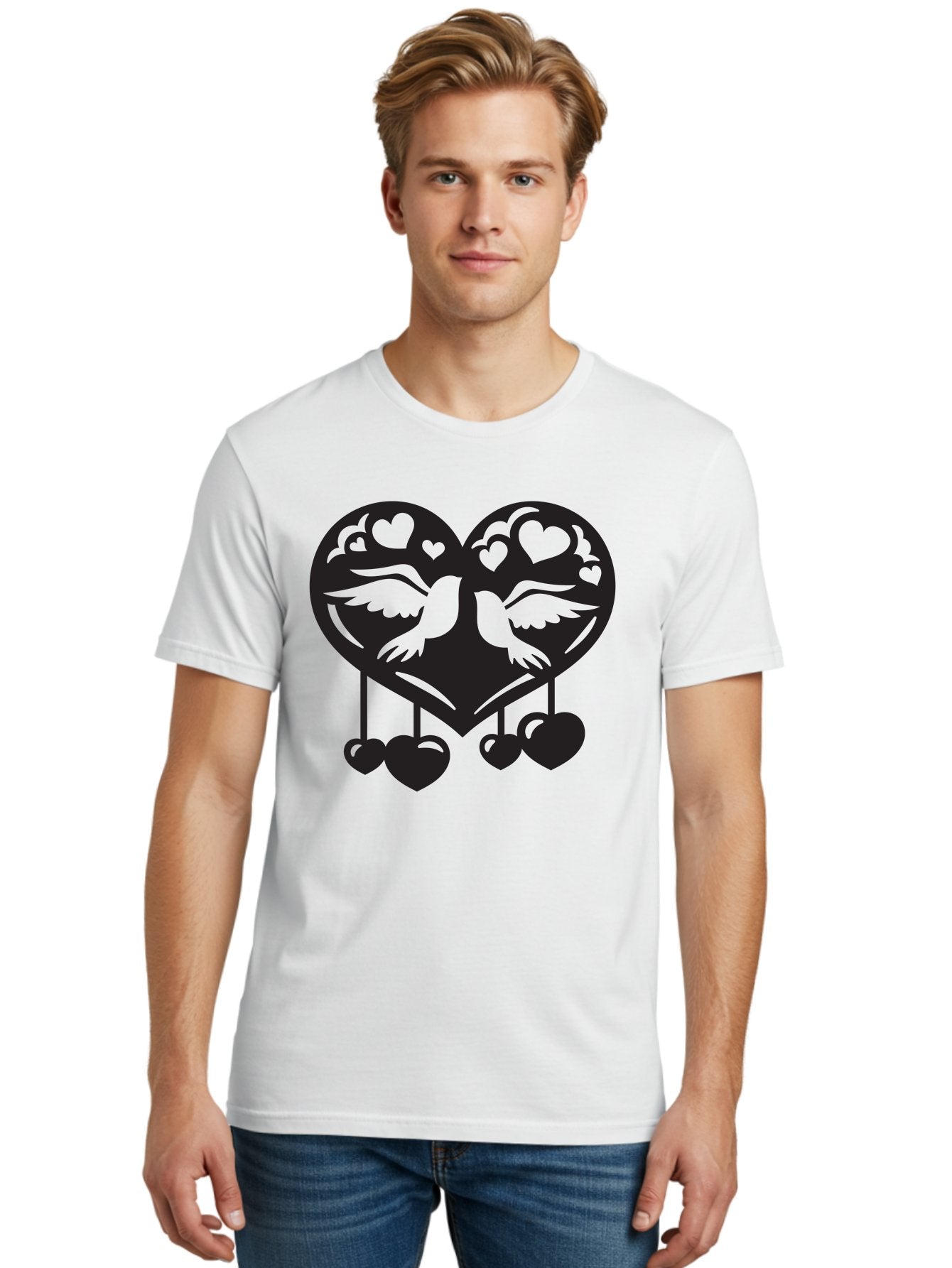 Two-Birds-Heart Men'S Graphic Tee, 100% Cotton, Comfortable Casual Summer Wear, Machine Washable, Love Birds, Couple Love, Heart Shape, Birds Flying, Hearts Hanging, Love Symbol, Valentines Day, Heart Decorations, Symbolic Love, Aab303 27