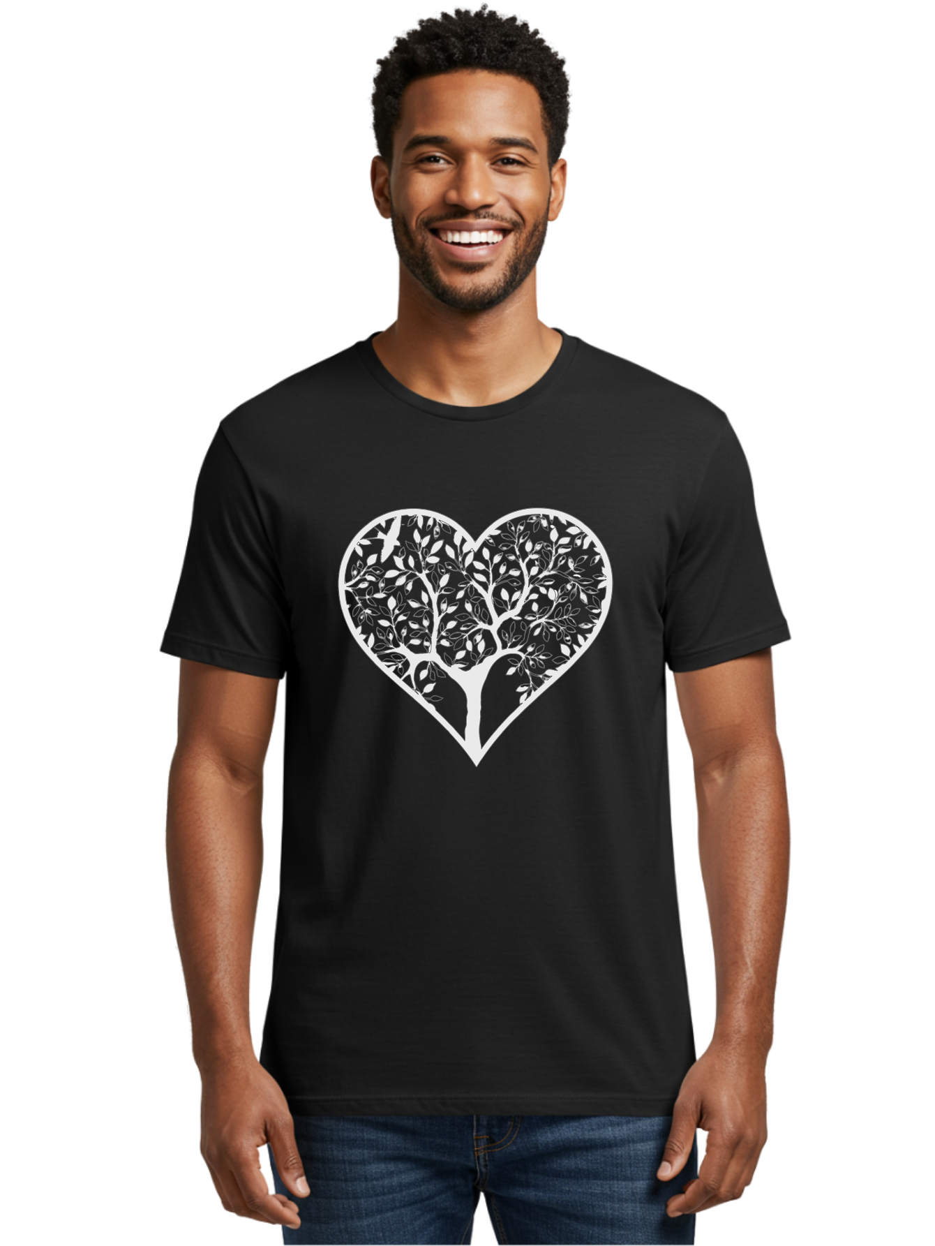 Tree-In-Heart Men'S Graphic Tee, 100% Cotton, Comfortable Casual Summer Wear, Machine Washable, Heart Shaped Tree, Leafy Branches, Symbolic Illustration, Minimalist Design, Love And Nature, Eco Friendly Art, Tree Of Life, Heart Outline Aab305 4