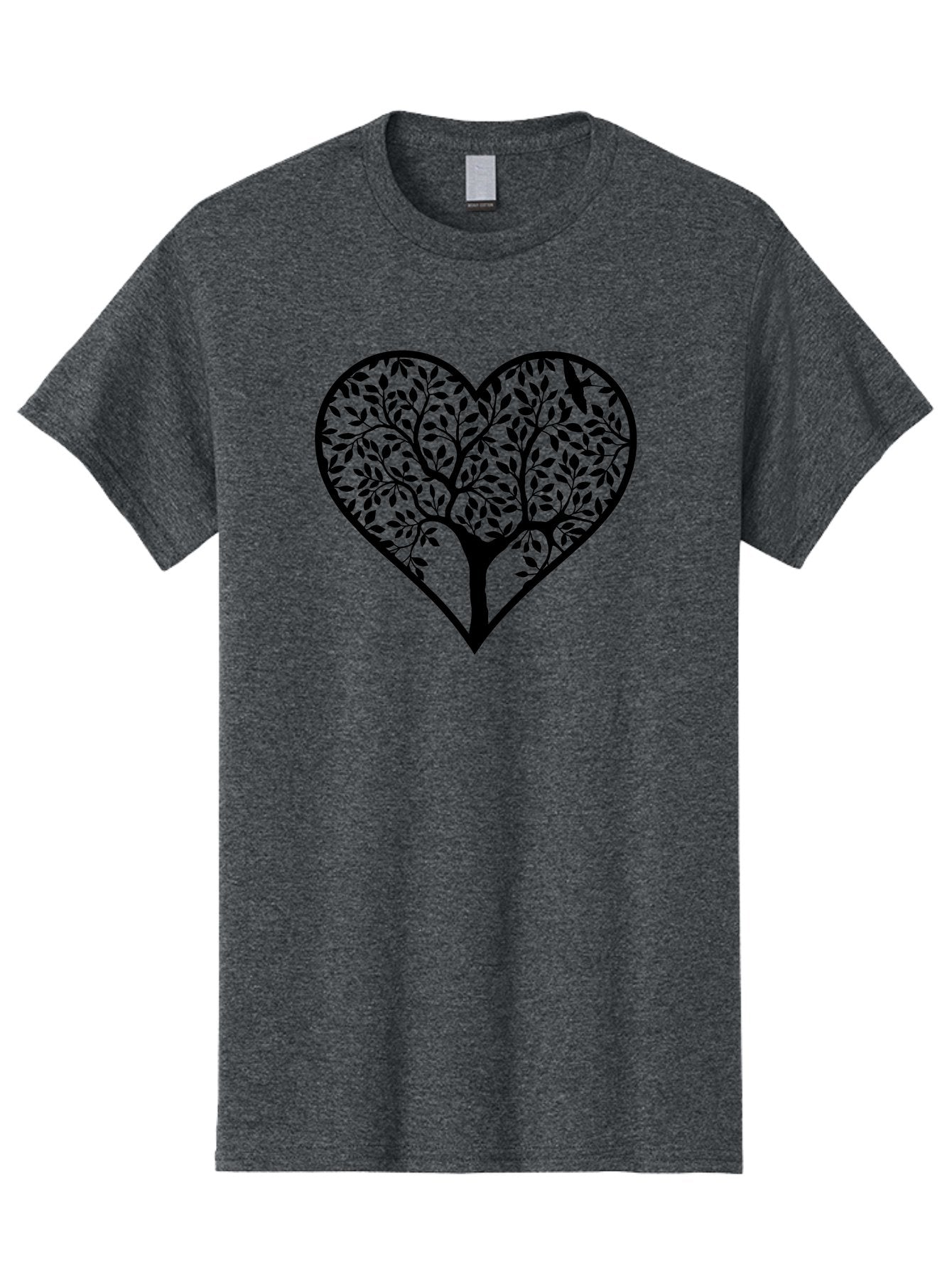 Tree-Of-Life-Heart-1 Men'S Graphic Tee, 100% Cotton, Comfortable Casual Summer Wear, Machine Washable, Tree In Heart Shape, Symbolic Representation, Love For Nature, Eco-Friendly, Black Silhouette Design, Leafy Branches, Valentines Day Theme, Aab306