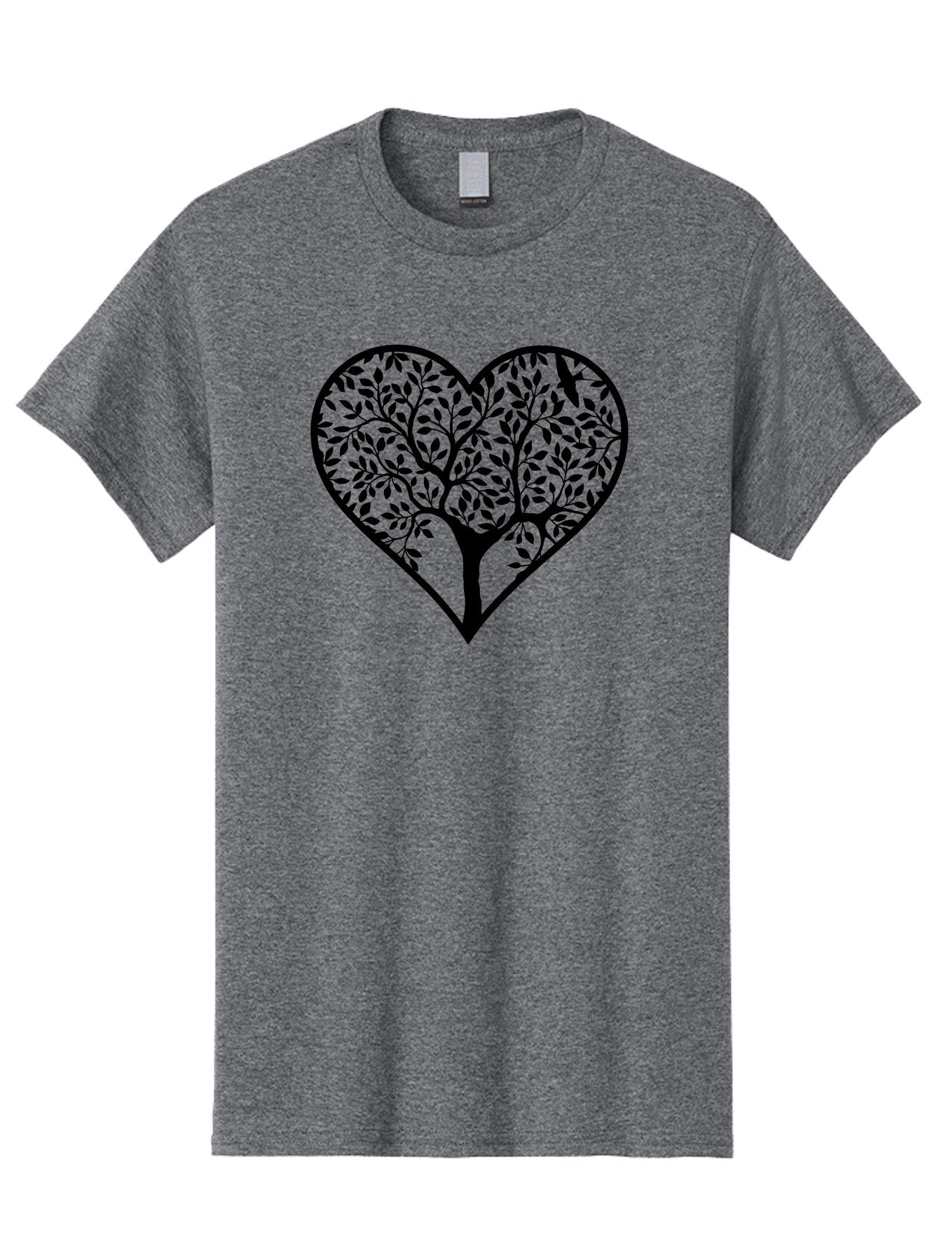 Tree-Of-Life-Heart-1 Men'S Graphic Tee, 100% Cotton, Comfortable Casual Summer Wear, Machine Washable, Tree In Heart Shape, Symbolic Representation, Love For Nature, Eco-Friendly, Black Silhouette Design, Leafy Branches, Valentines Day Theme, Aab306