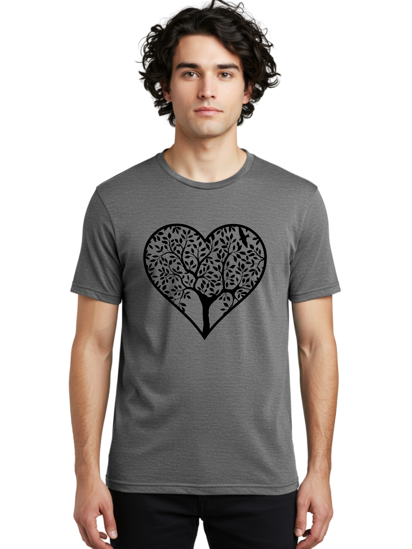 Tree-Of-Life-Heart-1 Men'S Graphic Tee, 100% Cotton, Comfortable Casual Summer Wear, Machine Washable, Tree In Heart Shape, Symbolic Representation, Love For Nature, Eco-Friendly, Black Silhouette Design, Leafy Branches, Valentines Day Theme, Aab306 20