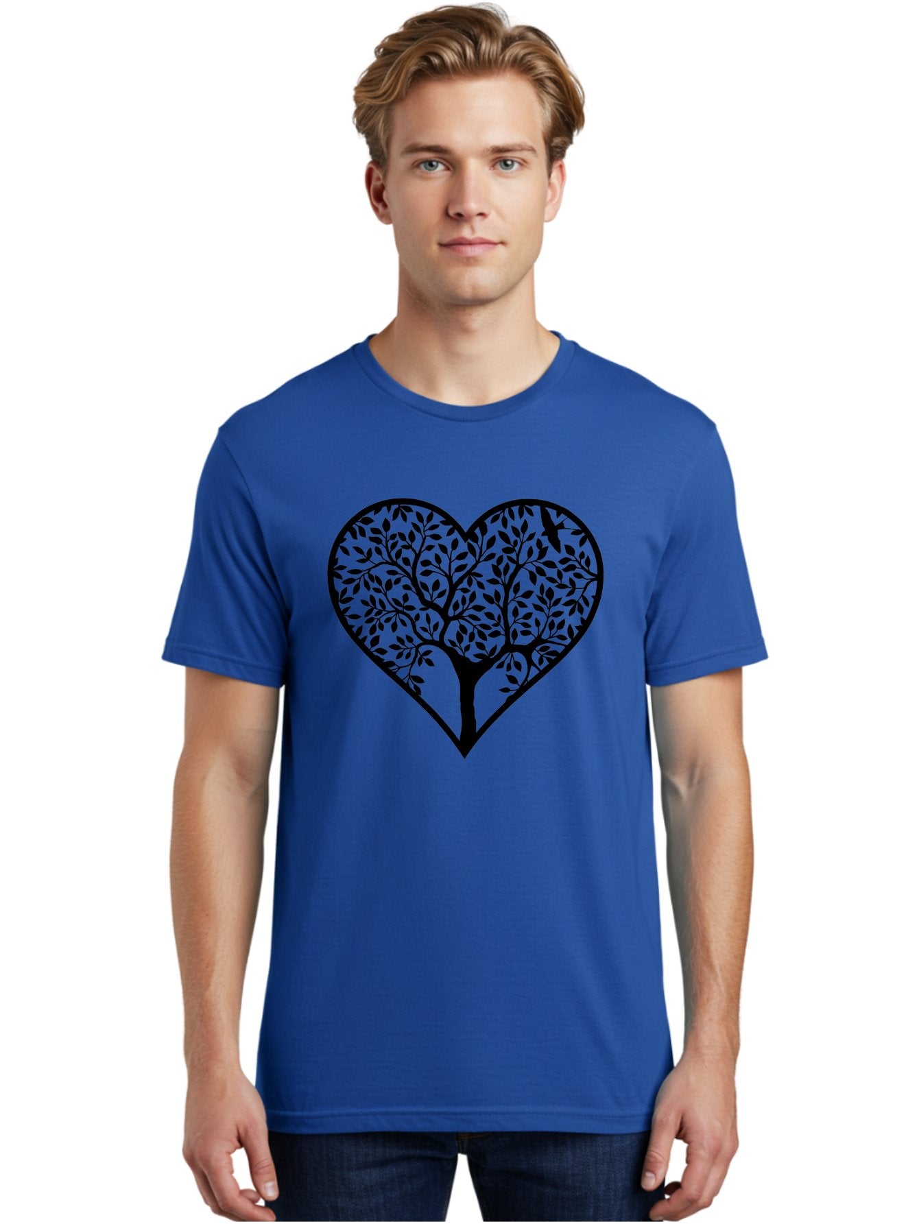 Tree-Of-Life-Heart-1 Men'S Graphic Tee, 100% Cotton, Comfortable Casual Summer Wear, Machine Washable, Tree In Heart Shape, Symbolic Representation, Love For Nature, Eco-Friendly, Black Silhouette Design, Leafy Branches, Valentines Day Theme, Aab306 28