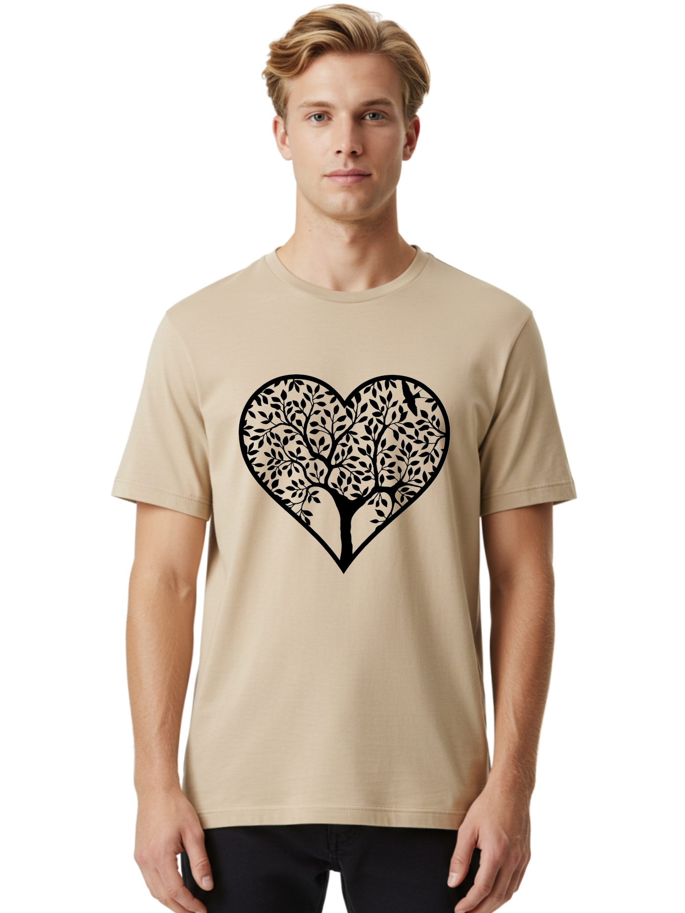 Tree-Of-Life-Heart-1 Men'S Graphic Tee, 100% Cotton, Comfortable Casual Summer Wear, Machine Washable, Tree In Heart Shape, Symbolic Representation, Love For Nature, Eco-Friendly, Black Silhouette Design, Leafy Branches, Valentines Day Theme, Aab306 28