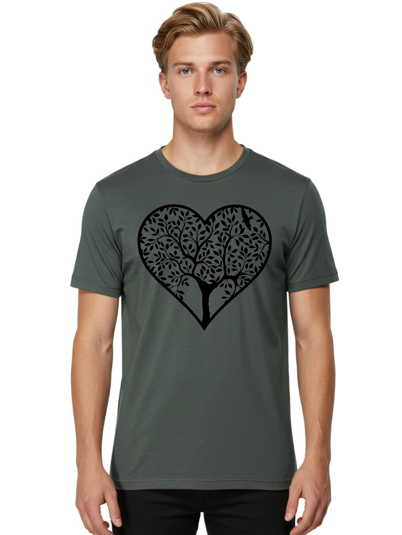 Tree-Of-Life-Heart-2 Men'S Graphic Tee, 100% Cotton, Comfortable Casual Summer Wear, Machine Washable, Tree Of Life, Heart Shape, Black Silhouette, Leaves, Branches, Love Symbol, Nature-Inspired Design, Eco-Friendly, Symbolic Art, Aab307 28