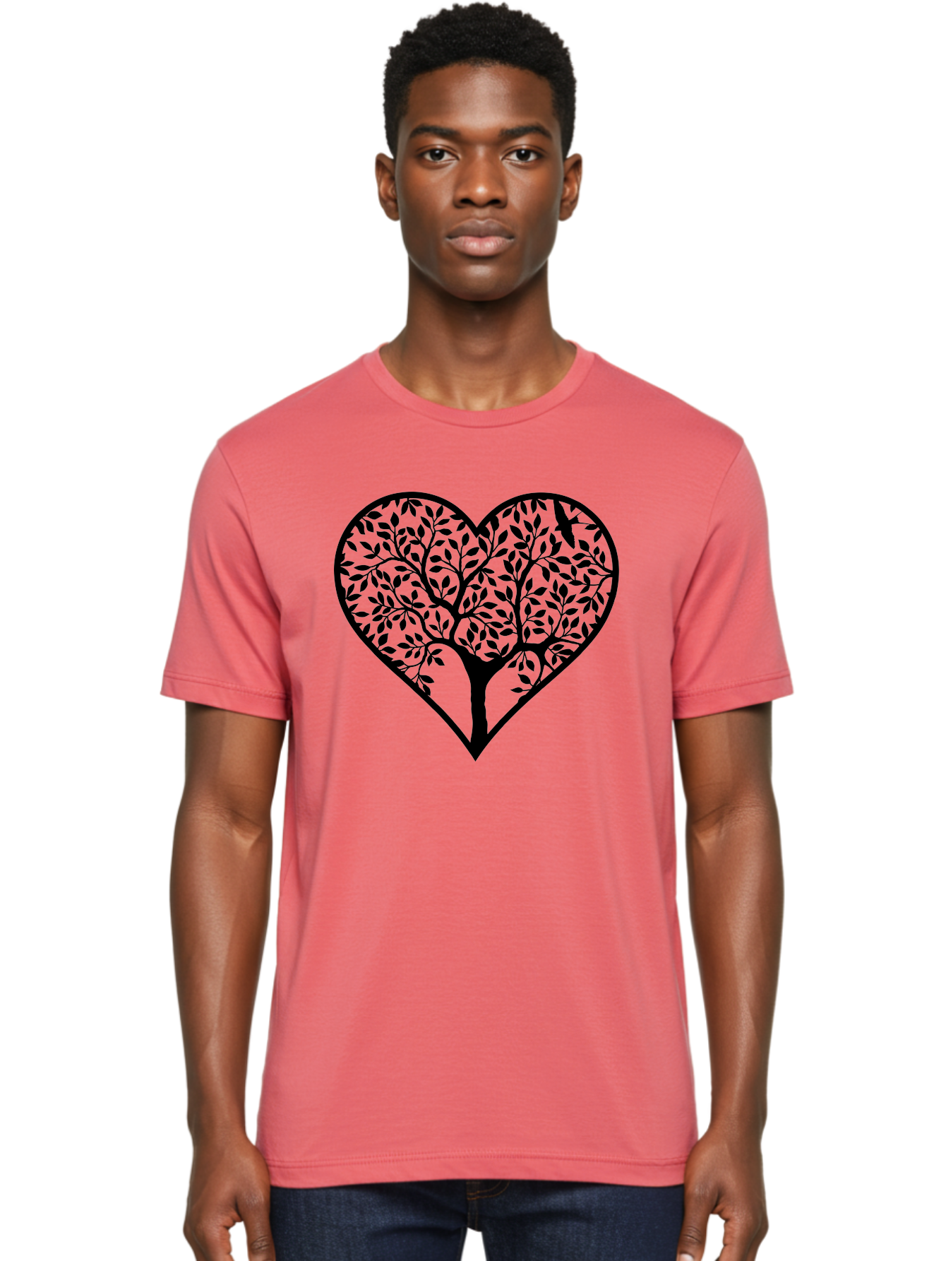 Tree-Of-Life-Heart-2 Men'S Graphic Tee, 100% Cotton, Comfortable Casual Summer Wear, Machine Washable, Tree Of Life, Heart Shape, Black Silhouette, Leaves, Branches, Love Symbol, Nature-Inspired Design, Eco-Friendly, Symbolic Art, Aab307 8