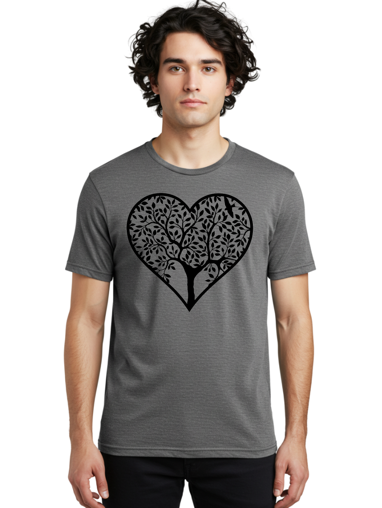 Tree-Of-Life-Heart-2 Men'S Graphic Tee, 100% Cotton, Comfortable Casual Summer Wear, Machine Washable, Tree Of Life, Heart Shape, Black Silhouette, Leaves, Branches, Love Symbol, Nature-Inspired Design, Eco-Friendly, Symbolic Art, Aab307 24