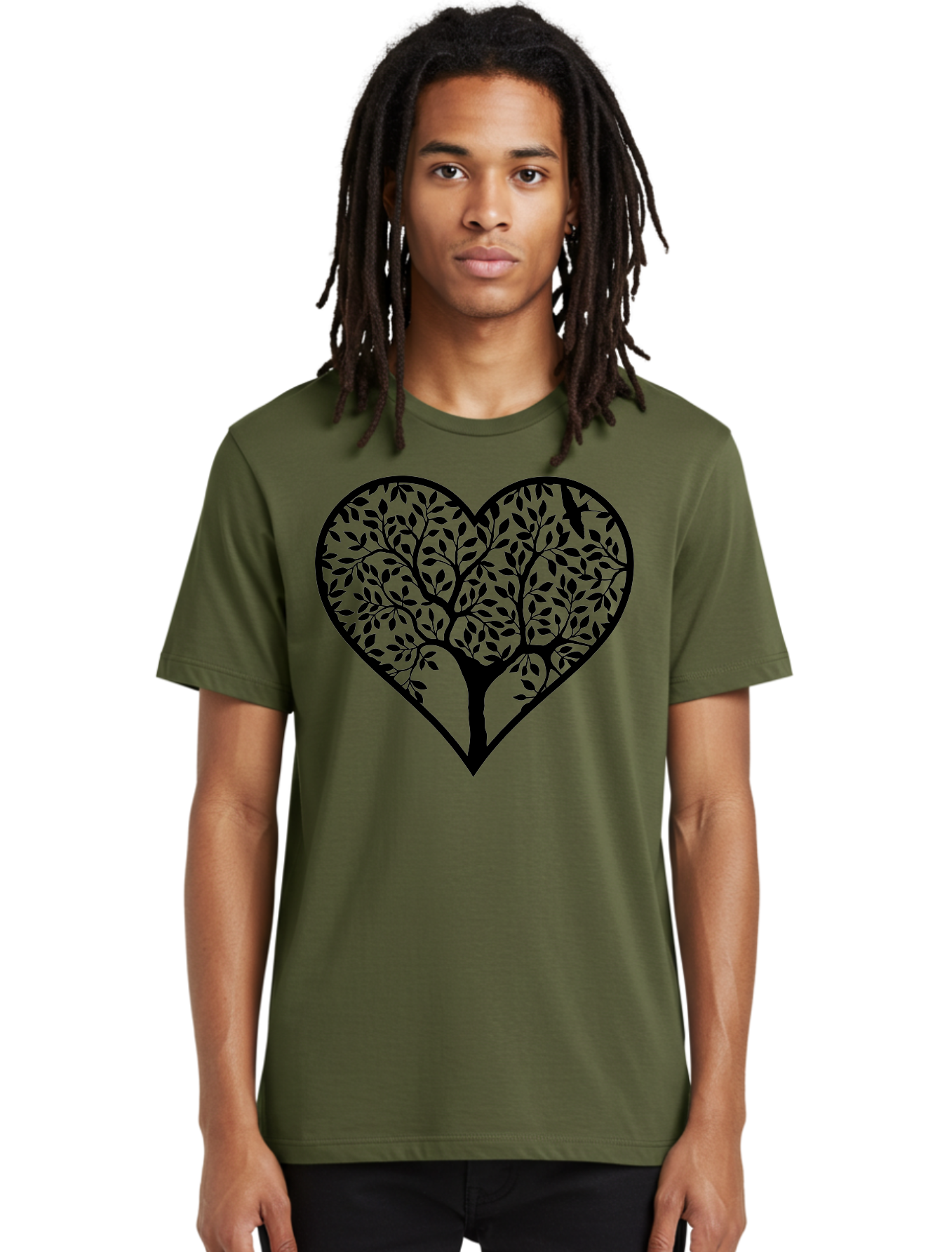 Tree-Of-Life-Heart-2 Men'S Graphic Tee, 100% Cotton, Comfortable Casual Summer Wear, Machine Washable, Tree Of Life, Heart Shape, Black Silhouette, Leaves, Branches, Love Symbol, Nature-Inspired Design, Eco-Friendly, Symbolic Art, Aab307 20