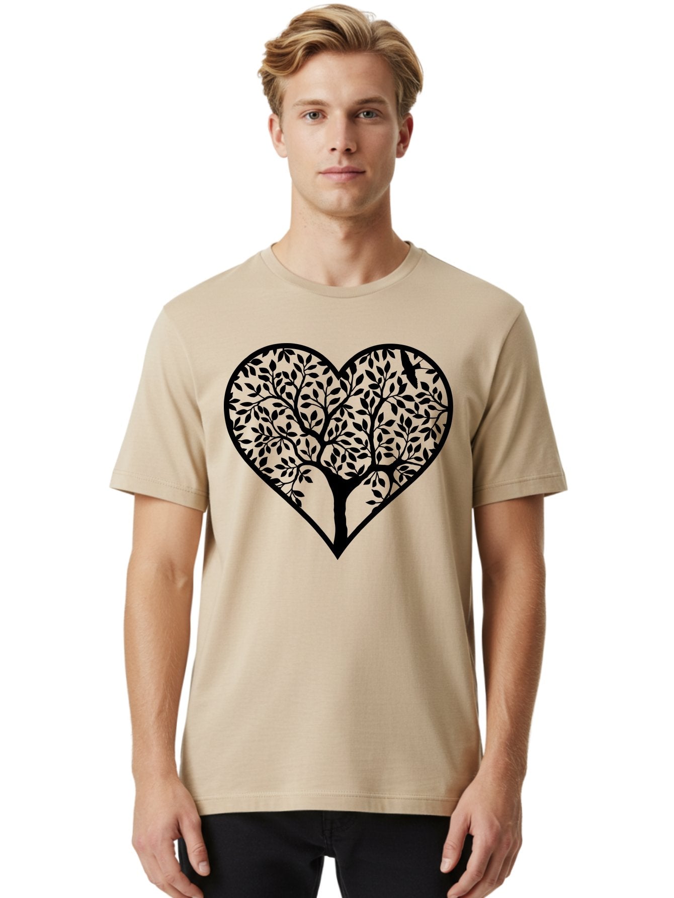 Tree-Of-Life-Heart-2 Men'S Graphic Tee, 100% Cotton, Comfortable Casual Summer Wear, Machine Washable, Tree Of Life, Heart Shape, Black Silhouette, Leaves, Branches, Love Symbol, Nature-Inspired Design, Eco-Friendly, Symbolic Art, Aab307 20