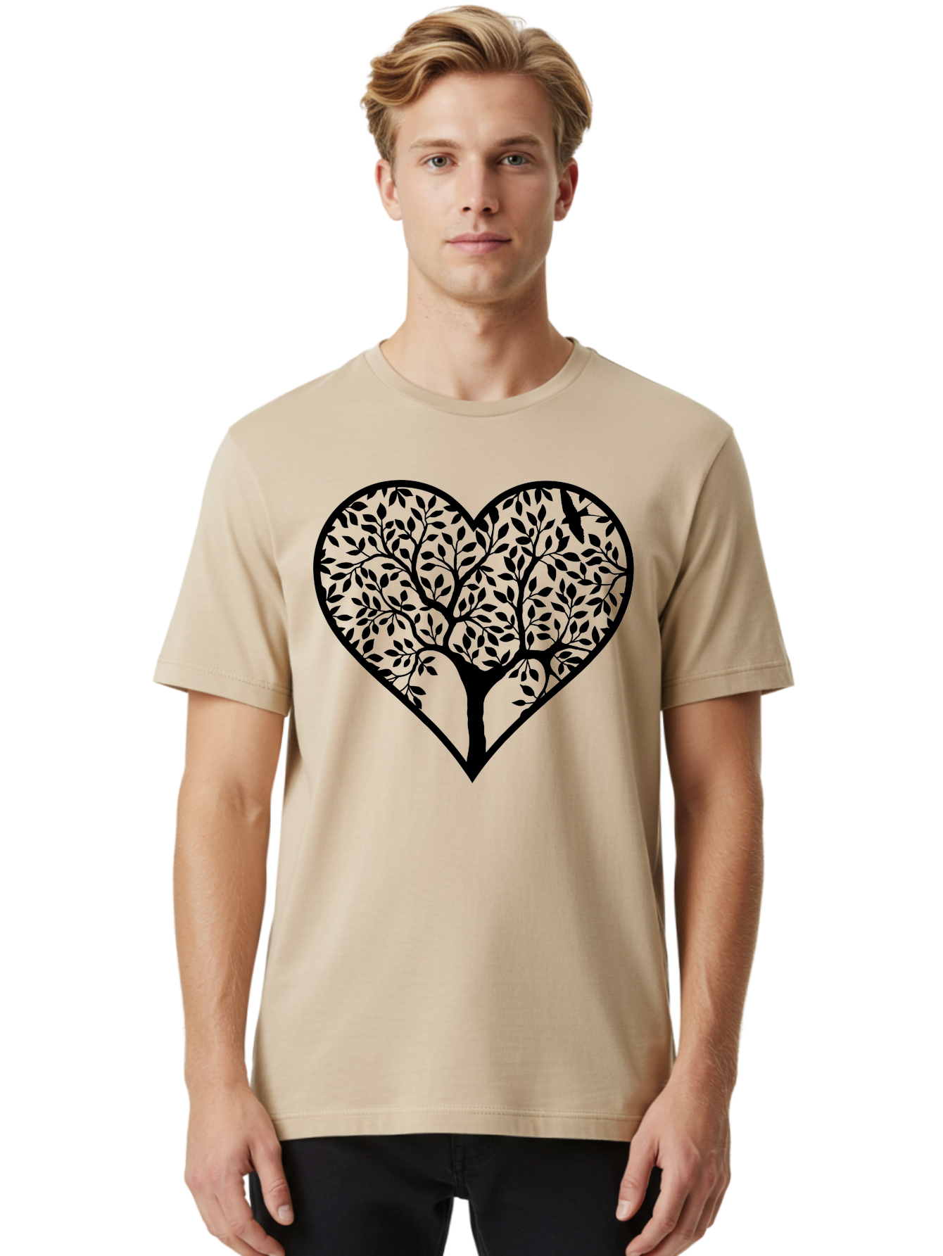 Tree-Of-Life-Heart-2 Men'S Graphic Tee, 100% Cotton, Comfortable Casual Summer Wear, Machine Washable, Tree Of Life, Heart Shape, Black Silhouette, Leaves, Branches, Love Symbol, Nature-Inspired Design, Eco-Friendly, Symbolic Art, Aab307 30
