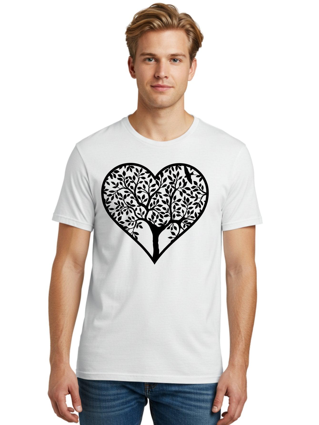 Tree-Of-Life-Heart-2 Men'S Graphic Tee, 100% Cotton, Comfortable Casual Summer Wear, Machine Washable, Tree Of Life, Heart Shape, Black Silhouette, Leaves, Branches, Love Symbol, Nature-Inspired Design, Eco-Friendly, Symbolic Art, Aab307 22