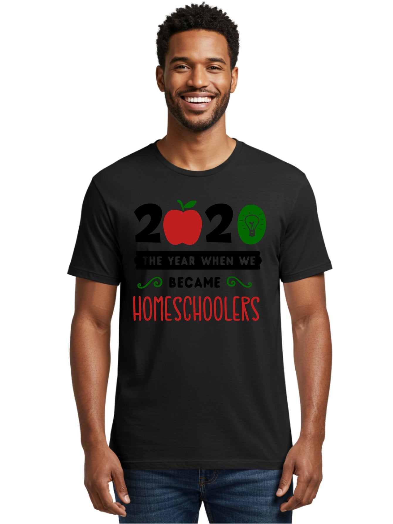 2020-The-Year-When-We-Became-Homeschoolers-3 Men'S Graphic Tee, 100% Cotton, Comfortable Casual Summer Wear, Machine Washable, Homeschooling, Homeschoolers, 2020, Apple, Light Bulb, Year Of Change, Educational Shift, Learning At Home, Aab311 19