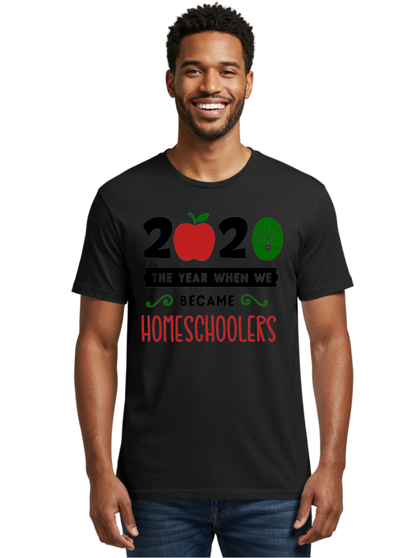 2020-The-Year-When-We-Became-Homeschoolers-3 Men'S Graphic Tee, 100% Cotton, Comfortable Casual Summer Wear, Machine Washable, Homeschooling, Homeschoolers, 2020, Apple, Light Bulb, Year Of Change, Educational Shift, Learning At Home, Aab311