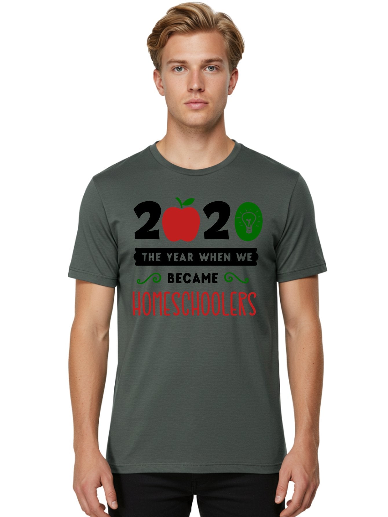 2020-The-Year-When-We-Became-Homeschoolers-3 Men'S Graphic Tee, 100% Cotton, Comfortable Casual Summer Wear, Machine Washable, Homeschooling, Homeschoolers, 2020, Apple, Light Bulb, Year Of Change, Educational Shift, Learning At Home, Aab311 18
