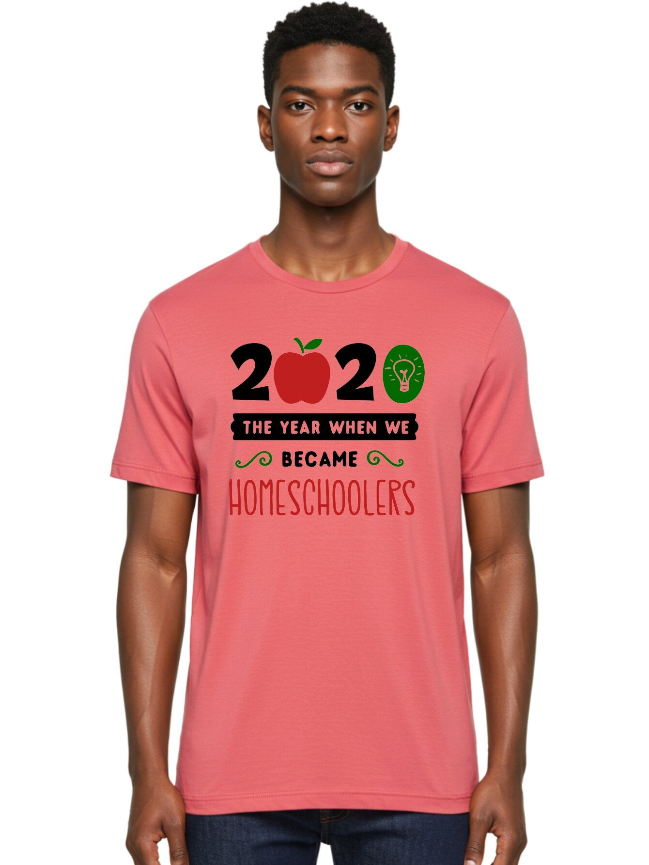 2020-The-Year-When-We-Became-Homeschoolers-3 Men'S Graphic Tee, 100% Cotton, Comfortable Casual Summer Wear, Machine Washable, Homeschooling, Homeschoolers, 2020, Apple, Light Bulb, Year Of Change, Educational Shift, Learning At Home, Aab311 25