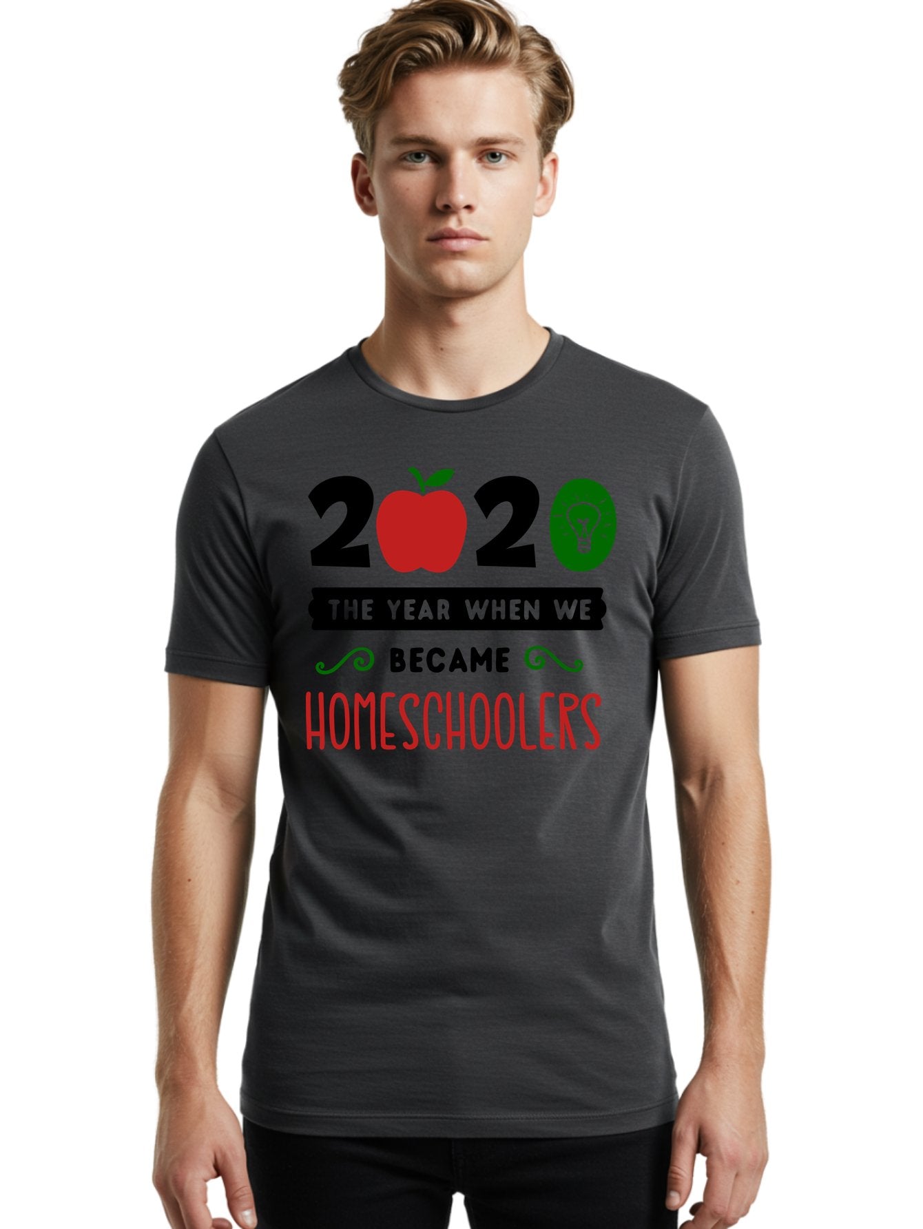 2020-The-Year-When-We-Became-Homeschoolers-3 Men'S Graphic Tee, 100% Cotton, Comfortable Casual Summer Wear, Machine Washable, Homeschooling, Homeschoolers, 2020, Apple, Light Bulb, Year Of Change, Educational Shift, Learning At Home, Aab311 23