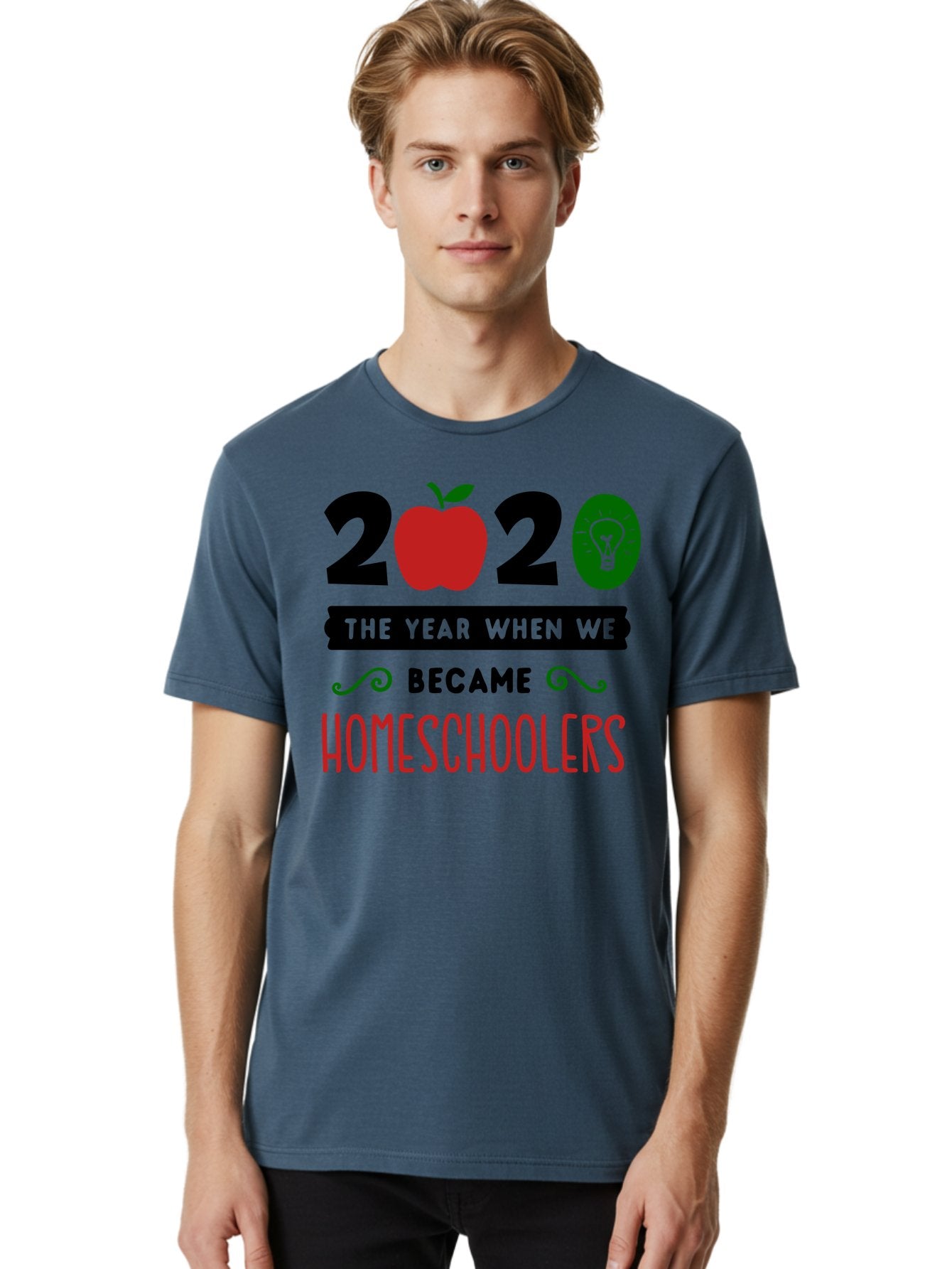 2020-The-Year-When-We-Became-Homeschoolers-3 Men'S Graphic Tee, 100% Cotton, Comfortable Casual Summer Wear, Machine Washable, Homeschooling, Homeschoolers, 2020, Apple, Light Bulb, Year Of Change, Educational Shift, Learning At Home, Aab311 26