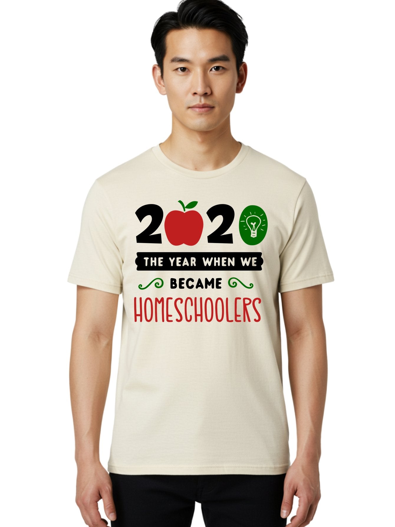 2020-The-Year-When-We-Became-Homeschoolers-3 Men'S Graphic Tee, 100% Cotton, Comfortable Casual Summer Wear, Machine Washable, Homeschooling, Homeschoolers, 2020, Apple, Light Bulb, Year Of Change, Educational Shift, Learning At Home, Aab311 20