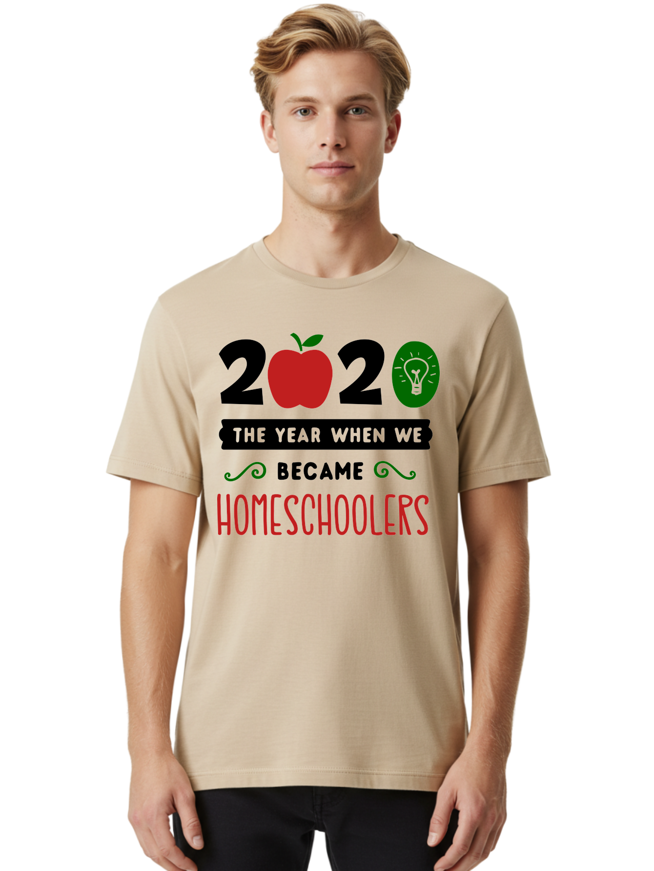2020-The-Year-When-We-Became-Homeschoolers-3 Men'S Graphic Tee, 100% Cotton, Comfortable Casual Summer Wear, Machine Washable, Homeschooling, Homeschoolers, 2020, Apple, Light Bulb, Year Of Change, Educational Shift, Learning At Home, Aab311