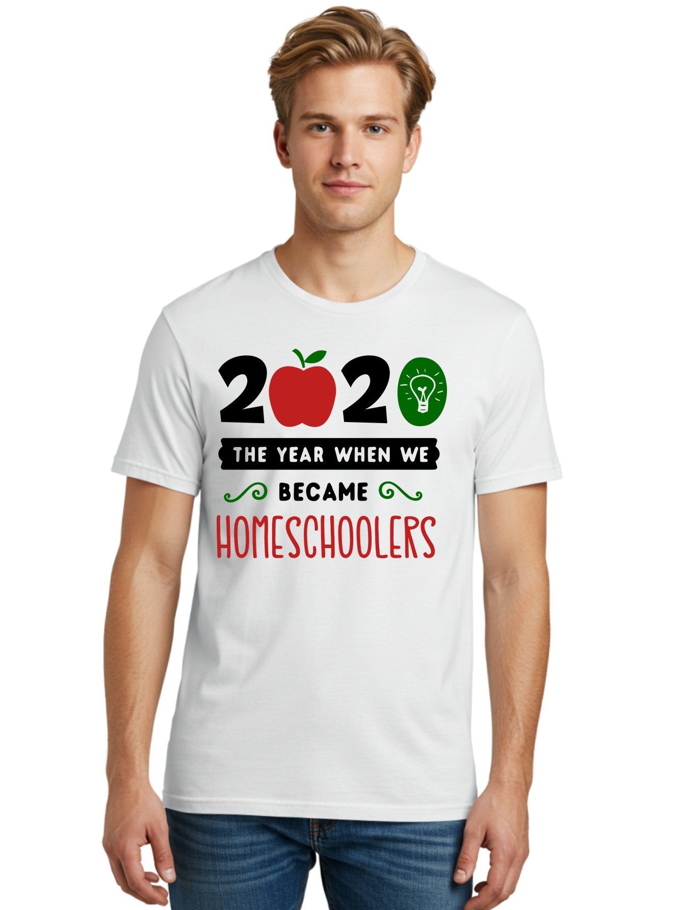 2020-The-Year-When-We-Became-Homeschoolers-3 Men'S Graphic Tee, 100% Cotton, Comfortable Casual Summer Wear, Machine Washable, Homeschooling, Homeschoolers, 2020, Apple, Light Bulb, Year Of Change, Educational Shift, Learning At Home, Aab311 28