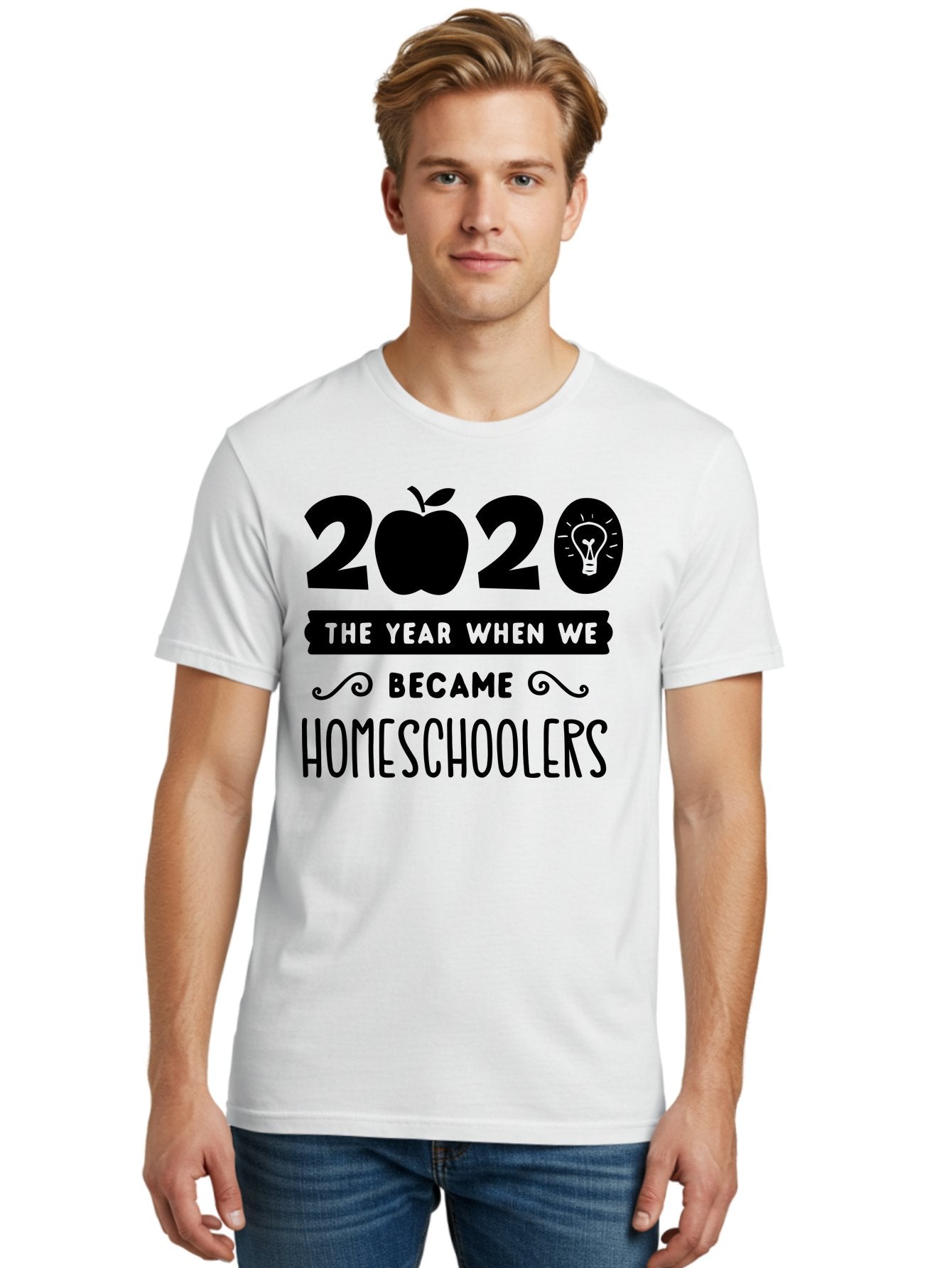 2020-The-Year-When-We-Became-Homeschoolers Men'S Graphic Tee, 100% Cotton, Comfortable Casual Summer Wear, Machine Washable, Homeschooling, Online Learning, Education, 2020, Homeschoolers, Apple, Lightbulb, School Year, Aab312 22