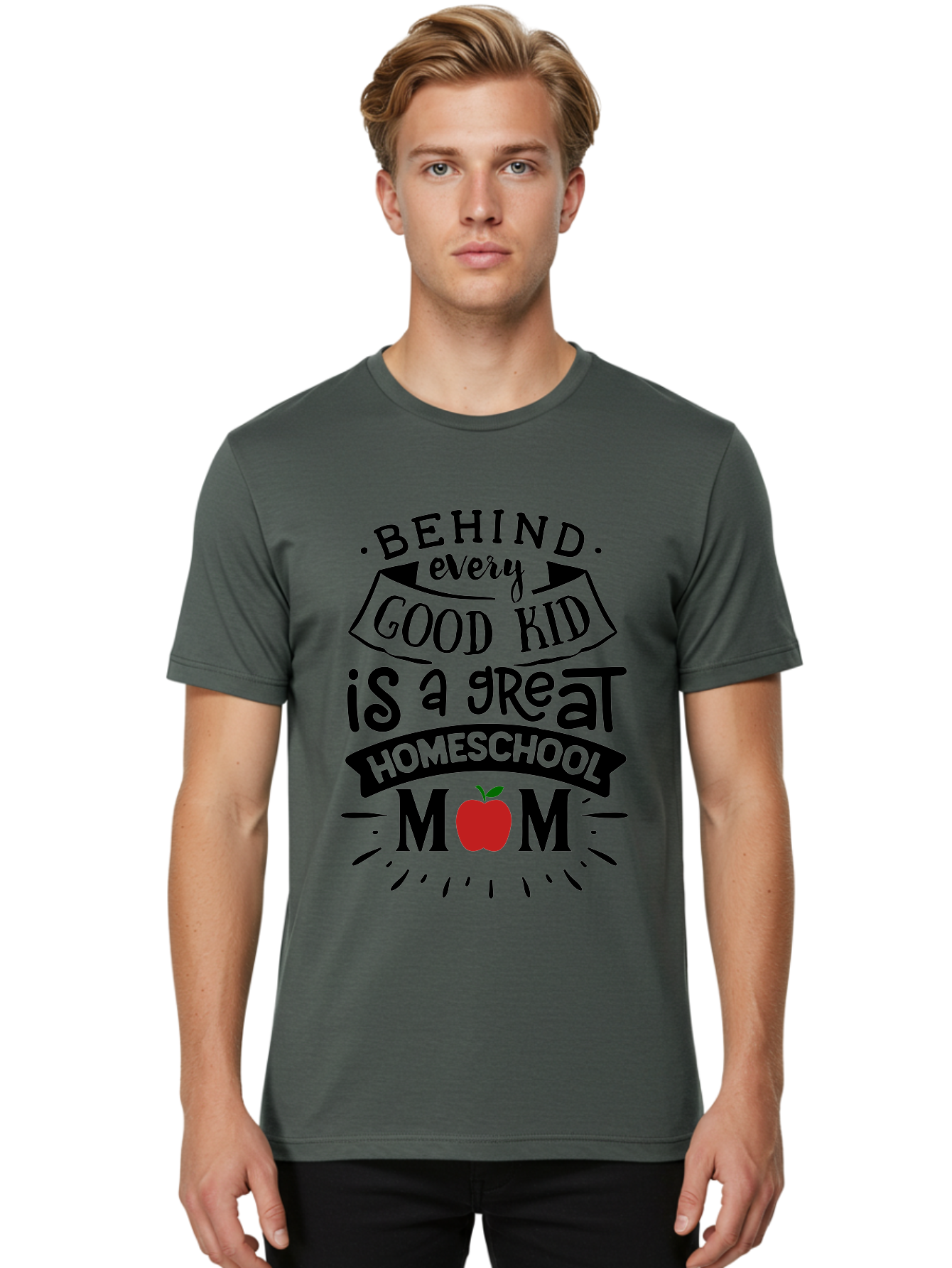 Behind-Every-Good-Kid-2 Men'S Graphic Tee, 100% Cotton, Comfortable Casual Summer Wear, Machine Washable, Homeschool Mom Appreciation, Proud Mom Quote, Homeschooling Inspiration, Motherhood Dedication, Apple Symbol, Educational Support, Aab314 26