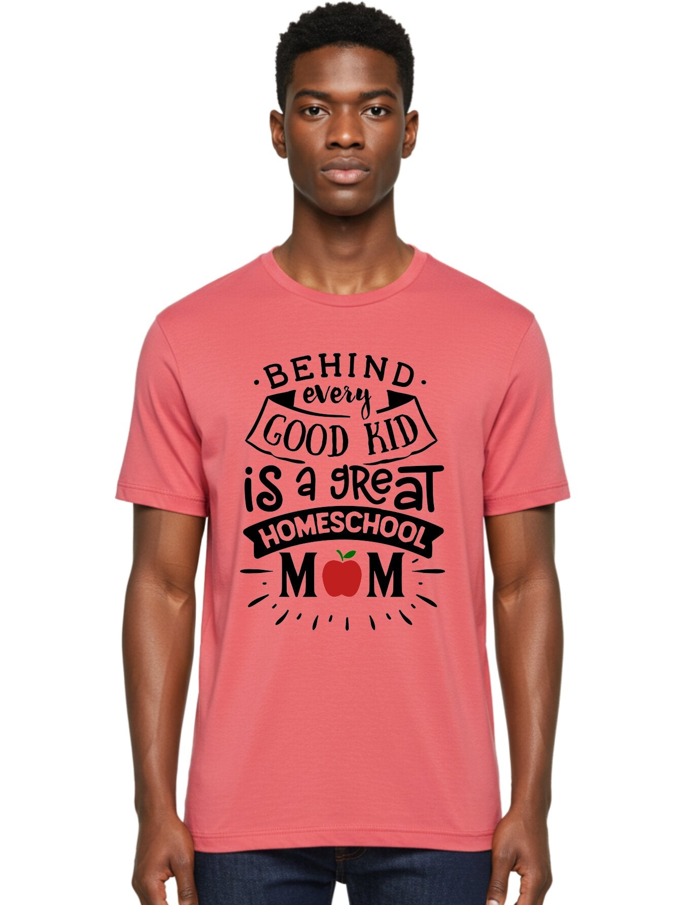 Behind-Every-Good-Kid-2 Men'S Graphic Tee, 100% Cotton, Comfortable Casual Summer Wear, Machine Washable, Homeschool Mom Appreciation, Proud Mom Quote, Homeschooling Inspiration, Motherhood Dedication, Apple Symbol, Educational Support, Aab314 24