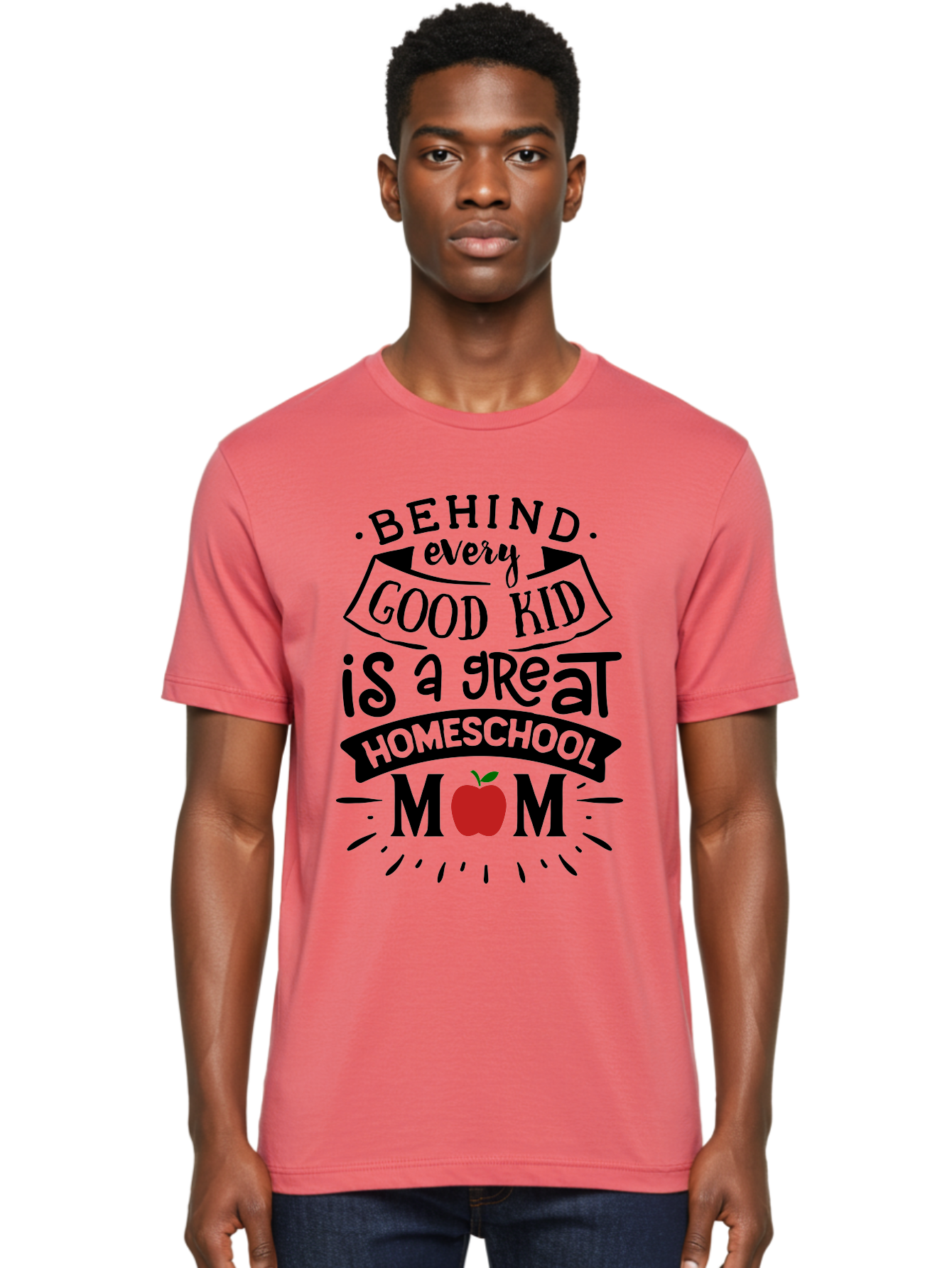 Behind-Every-Good-Kid-2 Men'S Graphic Tee, 100% Cotton, Comfortable Casual Summer Wear, Machine Washable, Homeschool Mom Appreciation, Proud Mom Quote, Homeschooling Inspiration, Motherhood Dedication, Apple Symbol, Educational Support, Aab314 14