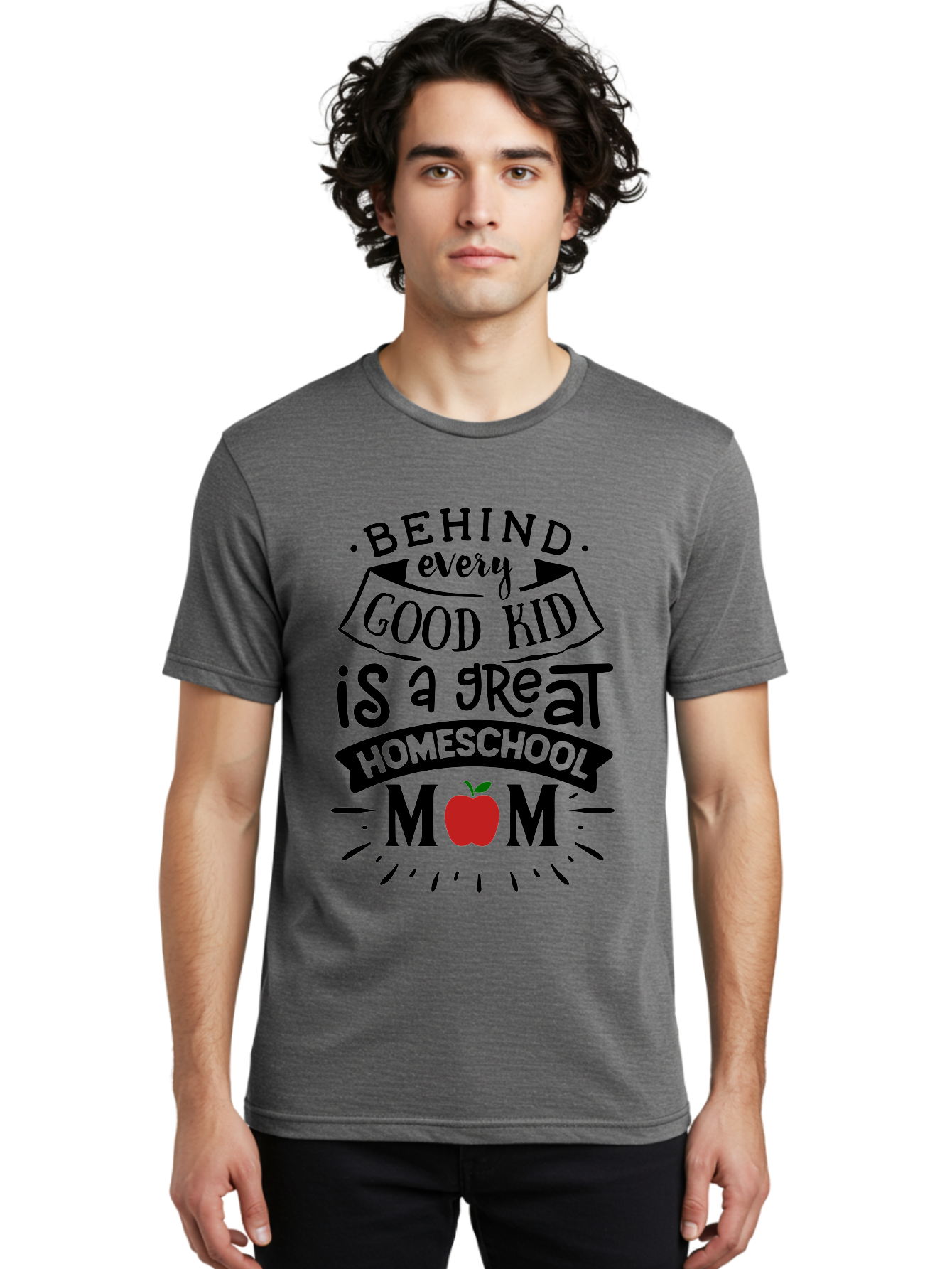 Behind-Every-Good-Kid-2 Men'S Graphic Tee, 100% Cotton, Comfortable Casual Summer Wear, Machine Washable, Homeschool Mom Appreciation, Proud Mom Quote, Homeschooling Inspiration, Motherhood Dedication, Apple Symbol, Educational Support, Aab314 4