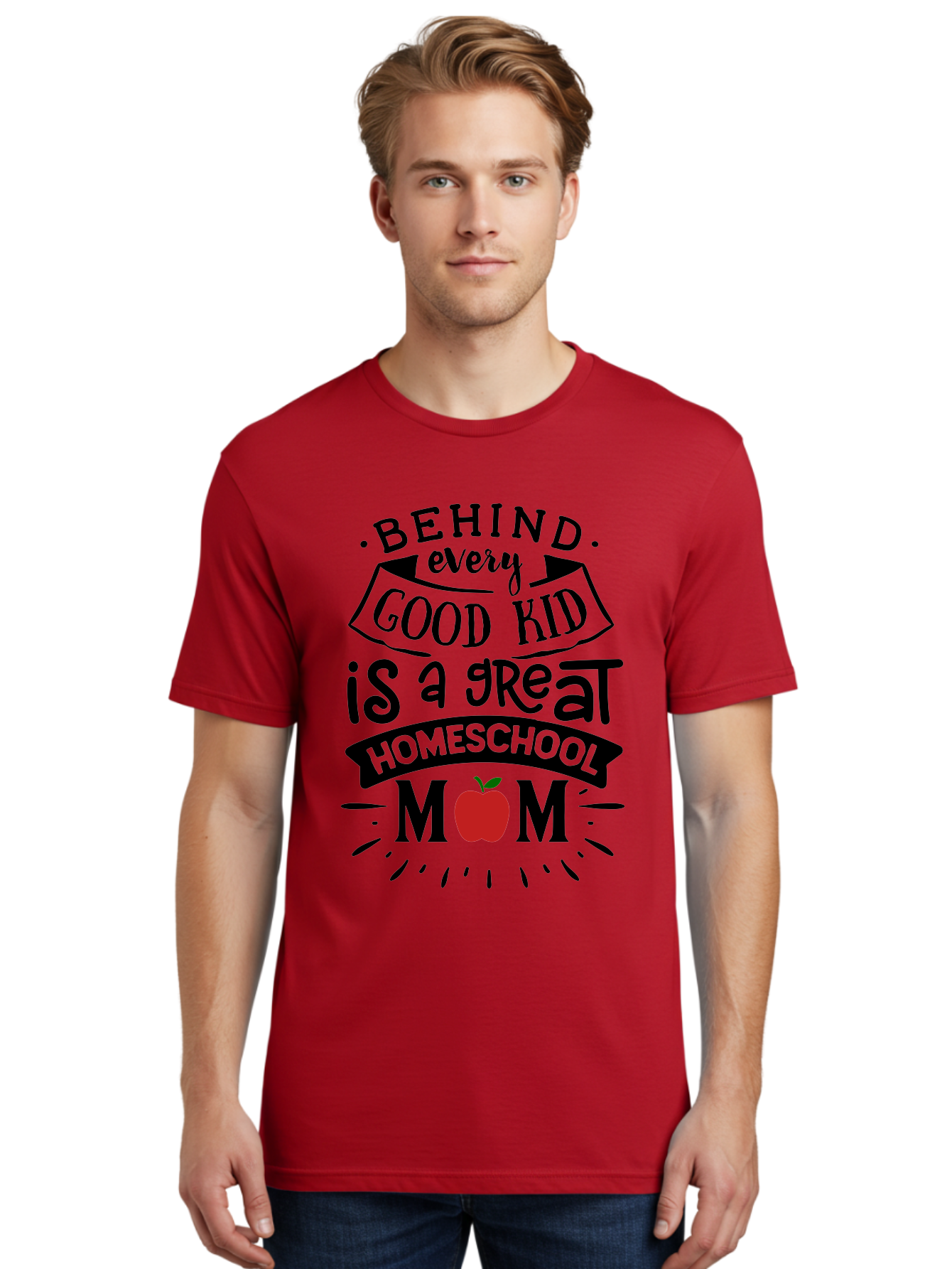 Behind-Every-Good-Kid-2 Men'S Graphic Tee, 100% Cotton, Comfortable Casual Summer Wear, Machine Washable, Homeschool Mom Appreciation, Proud Mom Quote, Homeschooling Inspiration, Motherhood Dedication, Apple Symbol, Educational Support, Aab314 6