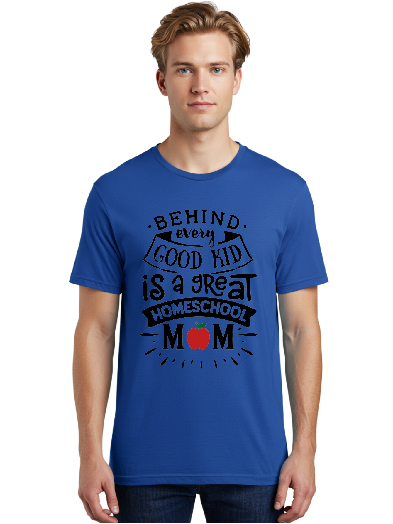 Behind-Every-Good-Kid-2 Men'S Graphic Tee, 100% Cotton, Comfortable Casual Summer Wear, Machine Washable, Homeschool Mom Appreciation, Proud Mom Quote, Homeschooling Inspiration, Motherhood Dedication, Apple Symbol, Educational Support, Aab314 20