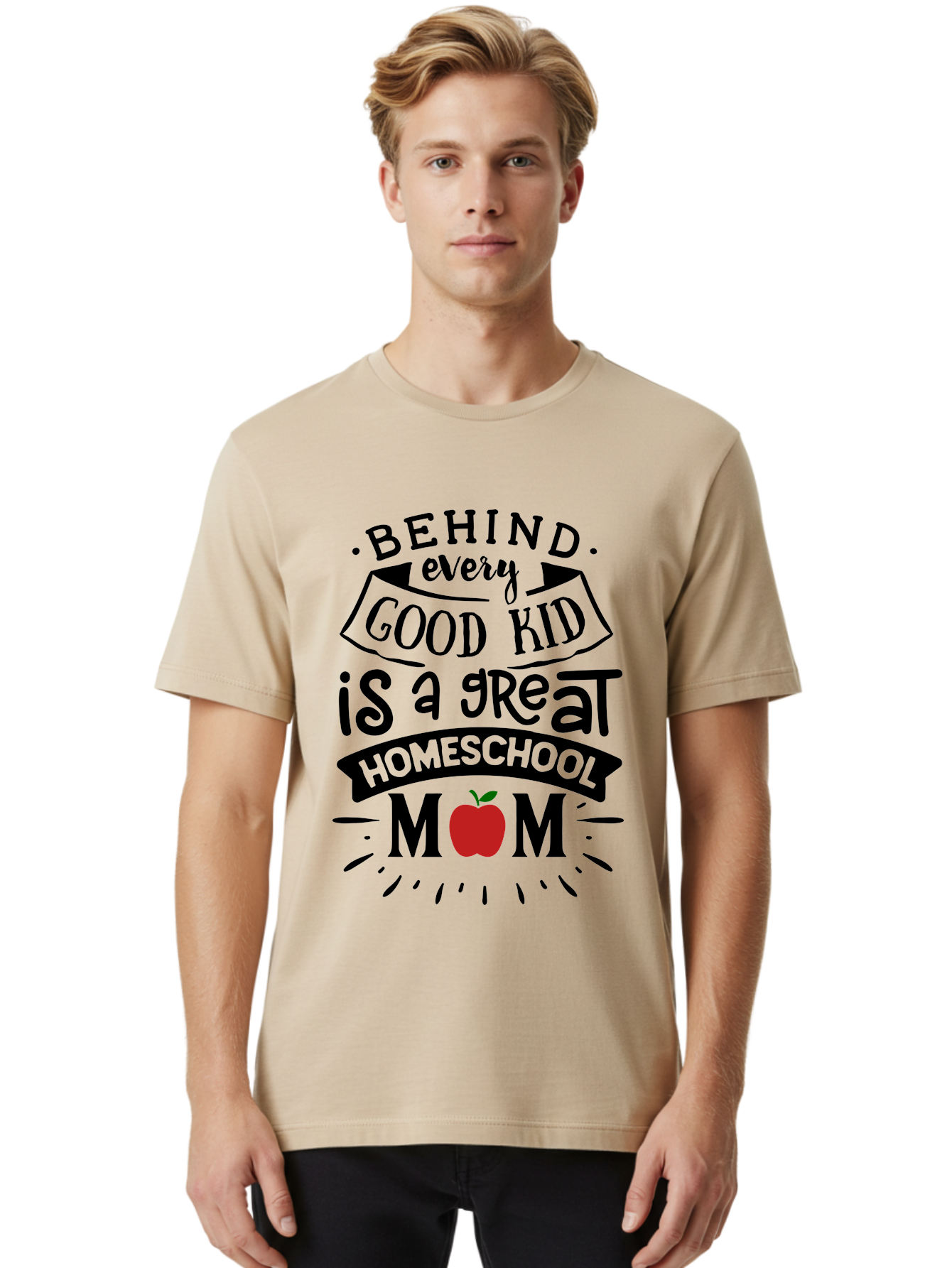 Behind-Every-Good-Kid-2 Men'S Graphic Tee, 100% Cotton, Comfortable Casual Summer Wear, Machine Washable, Homeschool Mom Appreciation, Proud Mom Quote, Homeschooling Inspiration, Motherhood Dedication, Apple Symbol, Educational Support, Aab314 16
